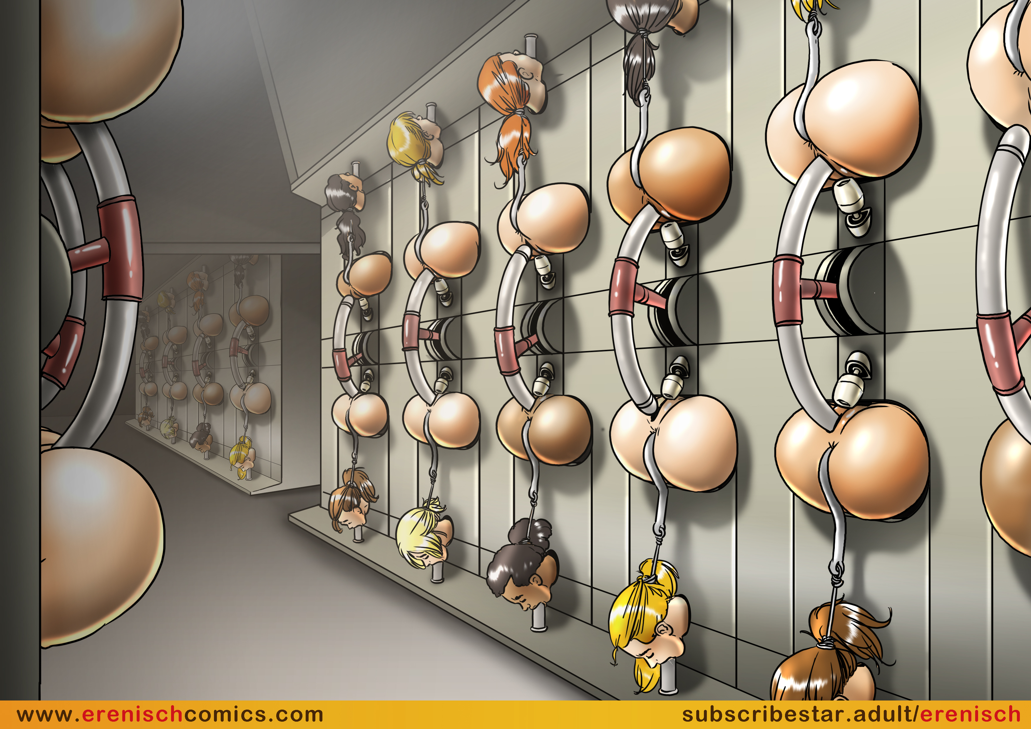 bondage, erenisch, female, fucking machine, group, restrained, sex machine