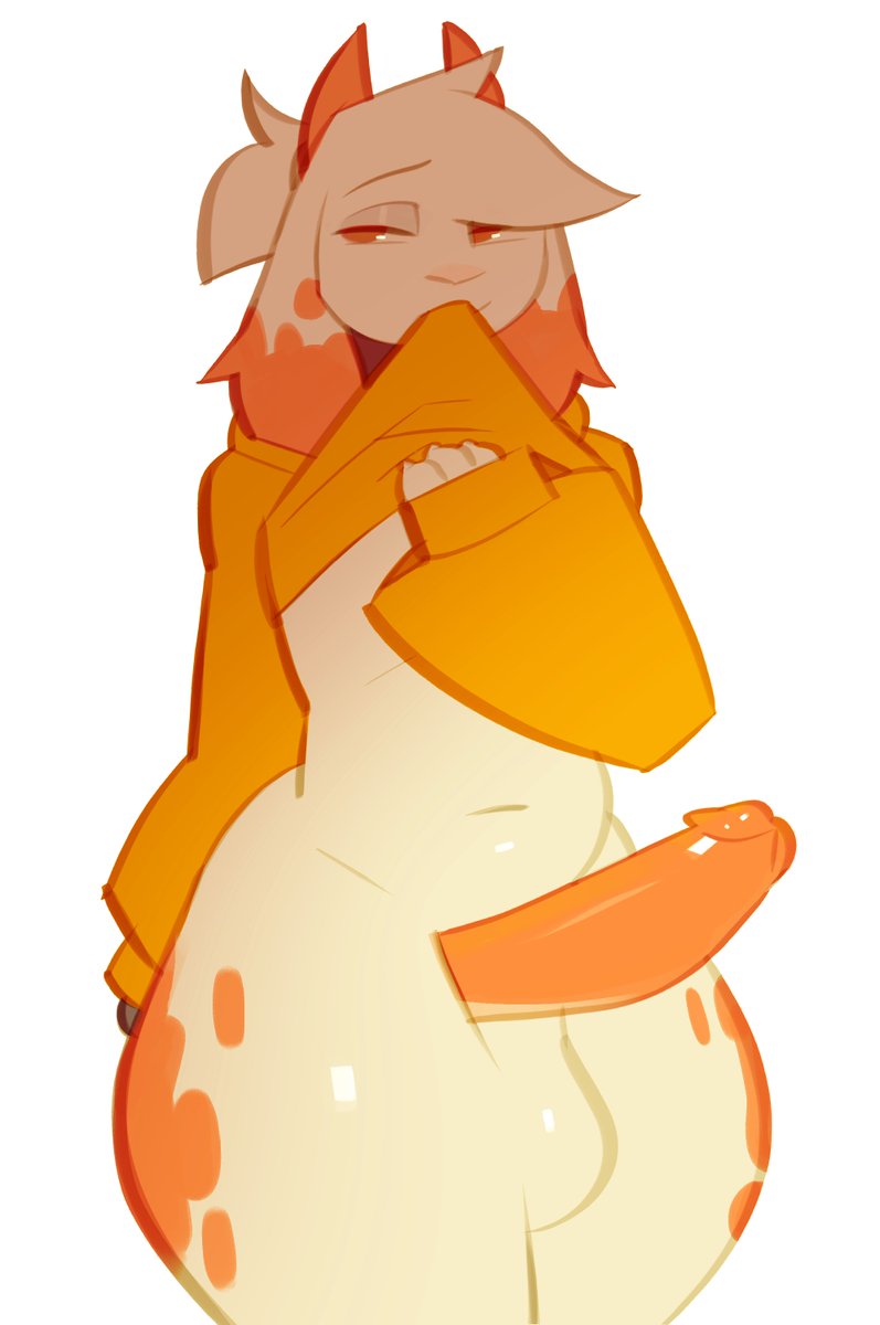 2023 2d anthro balls bottomless bovid caprine clothed clothing fanta_(carrotfanta) fingers fur furry furry_male furry_only genitals goat hi_res hoodie horn humanoid_genitalia humanoid_penis male male_only mammal orange_body orange_eyes orange_fur orange_horn orange_penis penis simple_background solo solo_male svarzye topwear white_background white_body white_fur