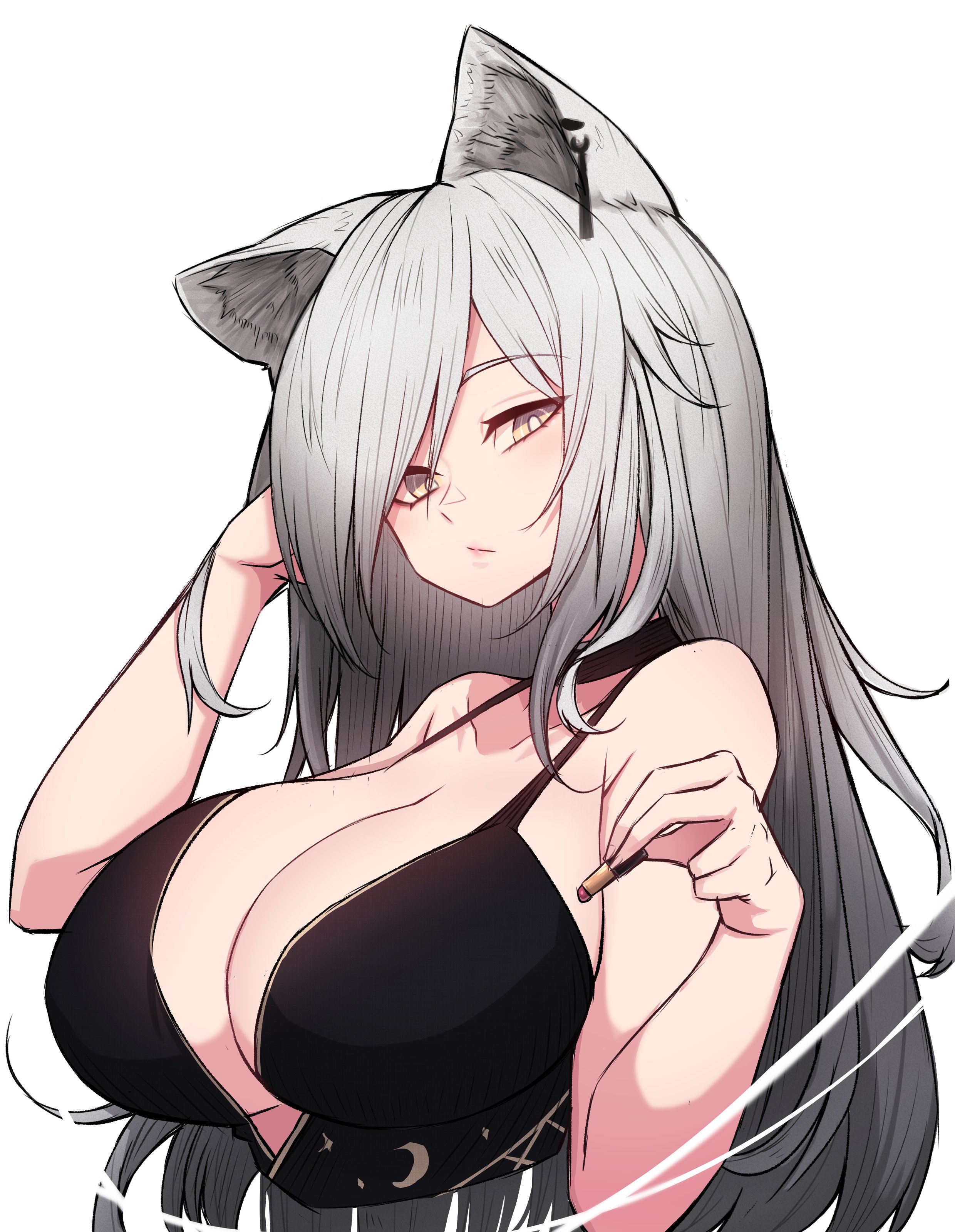 animal ears, arknights, cat ears, cleavage, clothed, clothed female, dress, female, grey eyes, grey hair, long hair, looking at viewer, rikuguma, schwarz (arknights), tagme