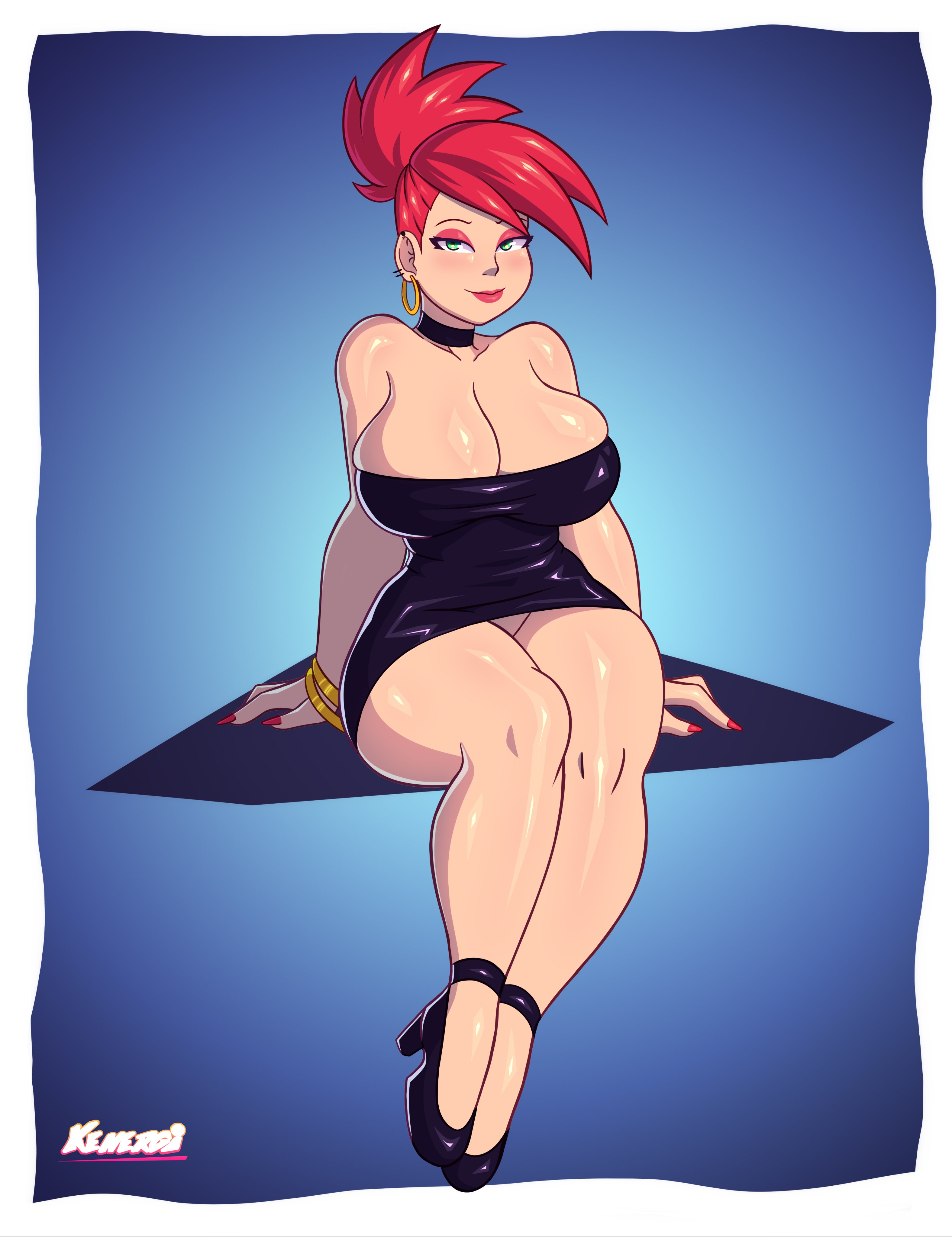 1girls, armwear, big breasts, black dress, bracelet, breasts, choker, cleavage, dress, ear piercing, earrings, eyeshadow, female, female only, footwear, foster's home for imaginary friends, frankie foster, green eyes, hair, heels, high heels, hoop earrings, huge breasts, kenergi, latex, legs, lips, lipstick, mature, mature female, minidress, nail polish, nails, neckwear, red eyeshadow, red hair, red lips, red lipstick, red nail polish, red nails, solo, solo female, thick lips, thighs