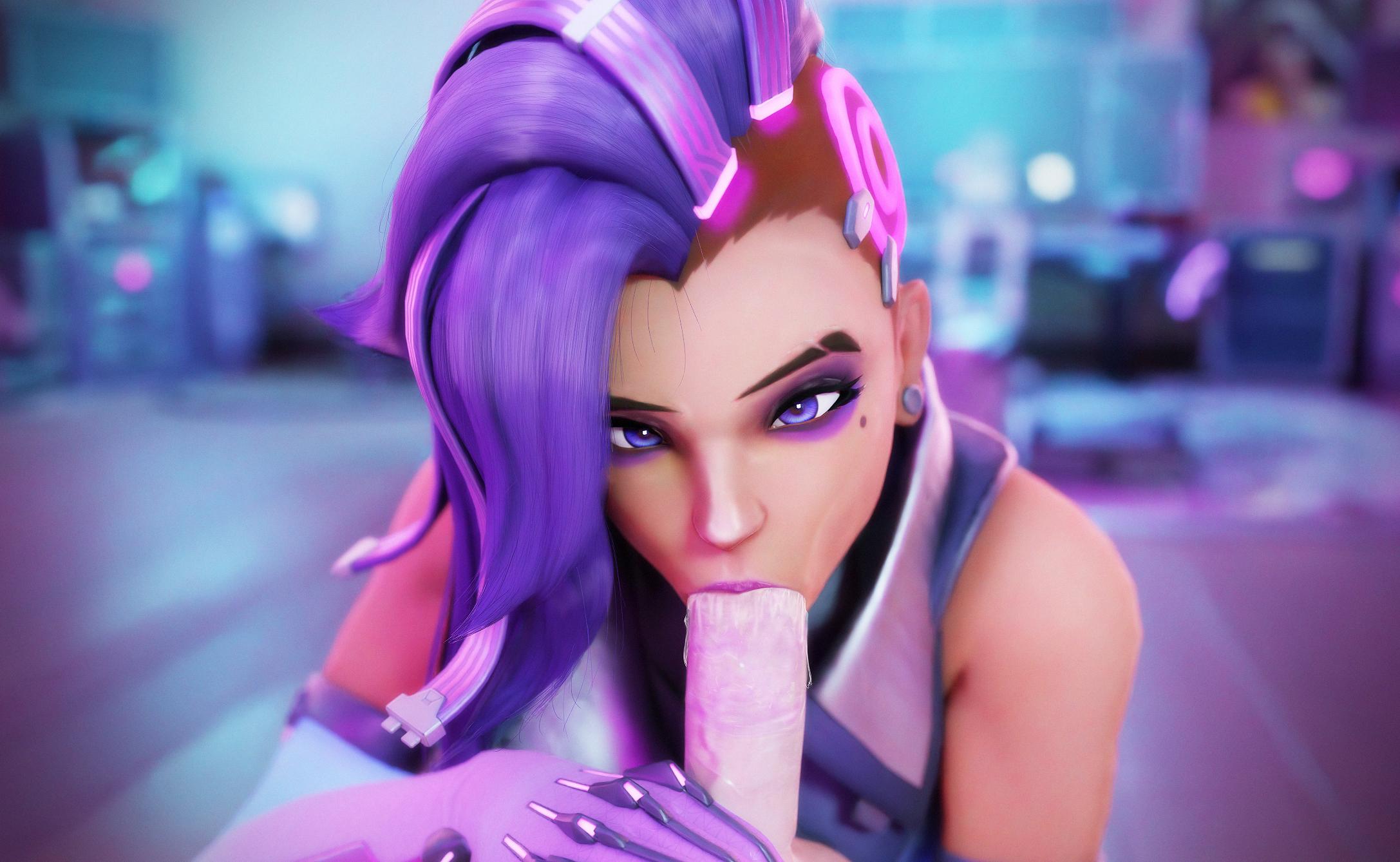 1boy, 1girls, 3d, armwear, balls, birthmark, blender, blizzard entertainment, blowjob, blowjob face, clothed, clothing, dark skin, dark-skinned female, duo, ear piercing, earrings, erection, eyeliner, eyeshadow, fellatio, female, female focus, hand on penis, interracial, latina, lipstick, lipstick mark, lipstick on penis, looking at viewer, makeup, male, male/female, mole, mole under eye, open mouth, oral, oral penetration, oral sex, overwatch, overwatch 2, penis, purple eyes, purple hair, purple lipstick, rwt4184, saliva, saliva on penis, saliva trail, sex, sombra, sombra (overwatch 2 suit), sucking, sucking penis, tongue, tongue out, unseen male face