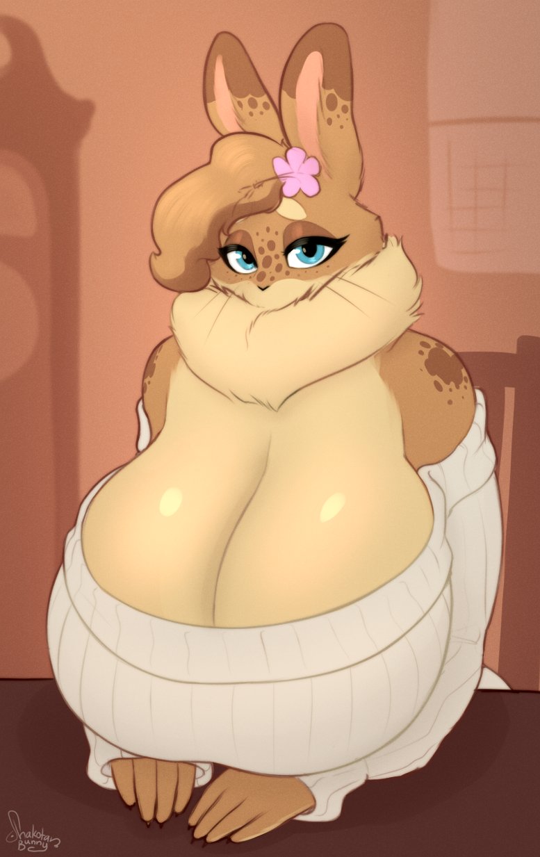 anthro, big breasts, breasts, clothed, clothing, female, fur, furry, furry only, hazel (shakotanbunny), huge breasts, large breasts, rabbit, shakotanbunny, solo, topwear