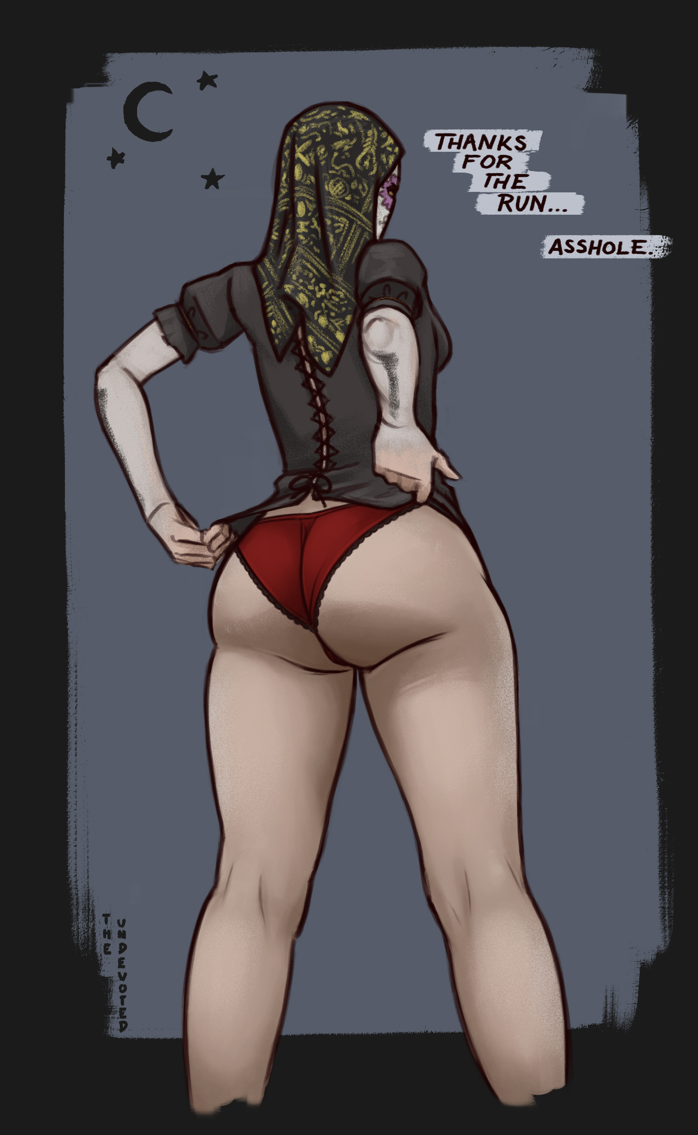 1girls, annoyed, ass, dbd, dead by daylight, female, julie kostenko, no pants, panties, showing ass, solo, solo female, tagme, text, the legion, thighs, undevoted