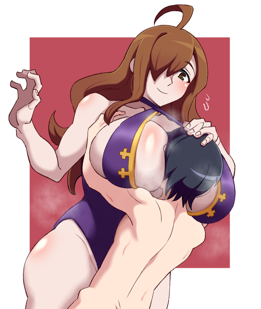 1boy, age difference, ahoge, between breasts, bikini, breasts, breasts on face, brown hair, clothed female nude male, female, female focus, hair over one eye, huge breasts, kono subarashii sekai ni shukufuku wo!, long hair, male, nude, smile, swimsuit, thick thighs, thighs, wiz (konosuba), yellow eyes