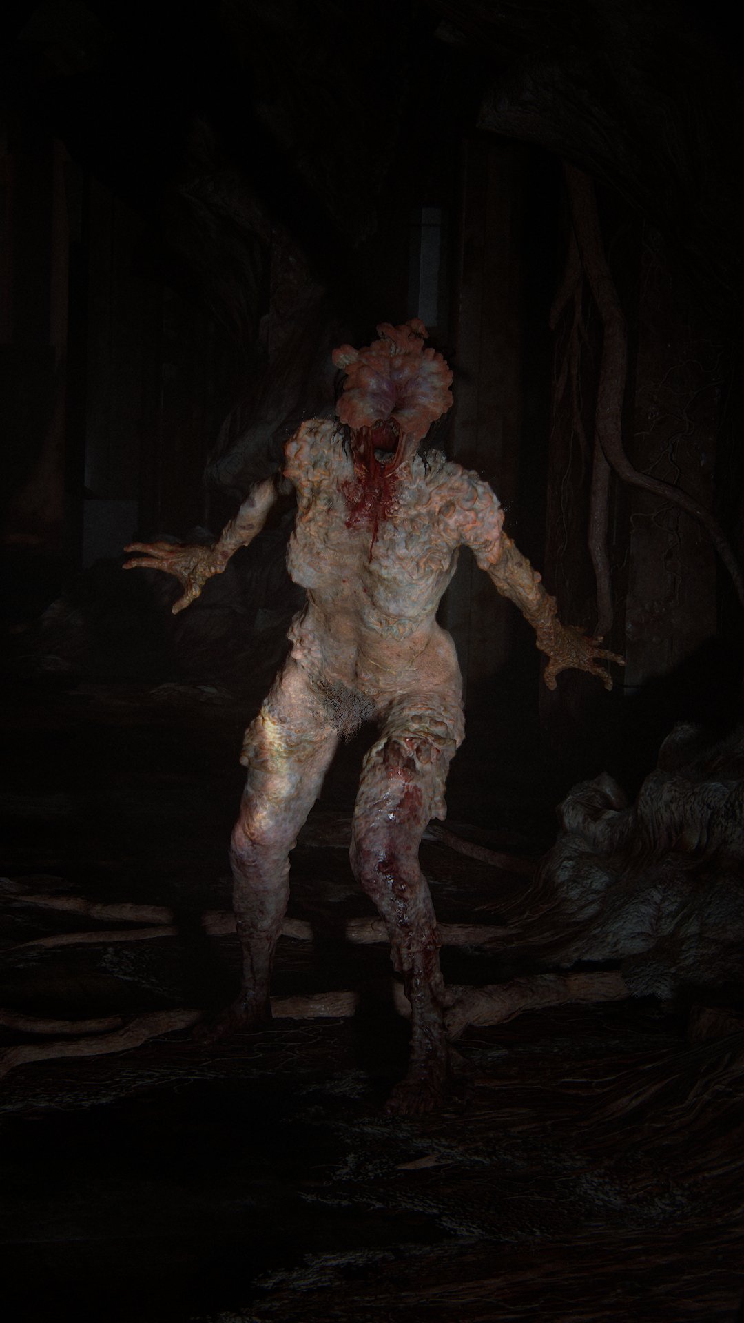 3d breasts brown_hair bush clicker cordyceps detailed_background eyeless female female_only fungus hair infected monster monster_girl naughty_dog nightmare_waifu nipples nude open_mouth pubes screencap solo sony_interactive_entertainment spores teeth the_last_of_us the_last_of_us_2 tongue veins