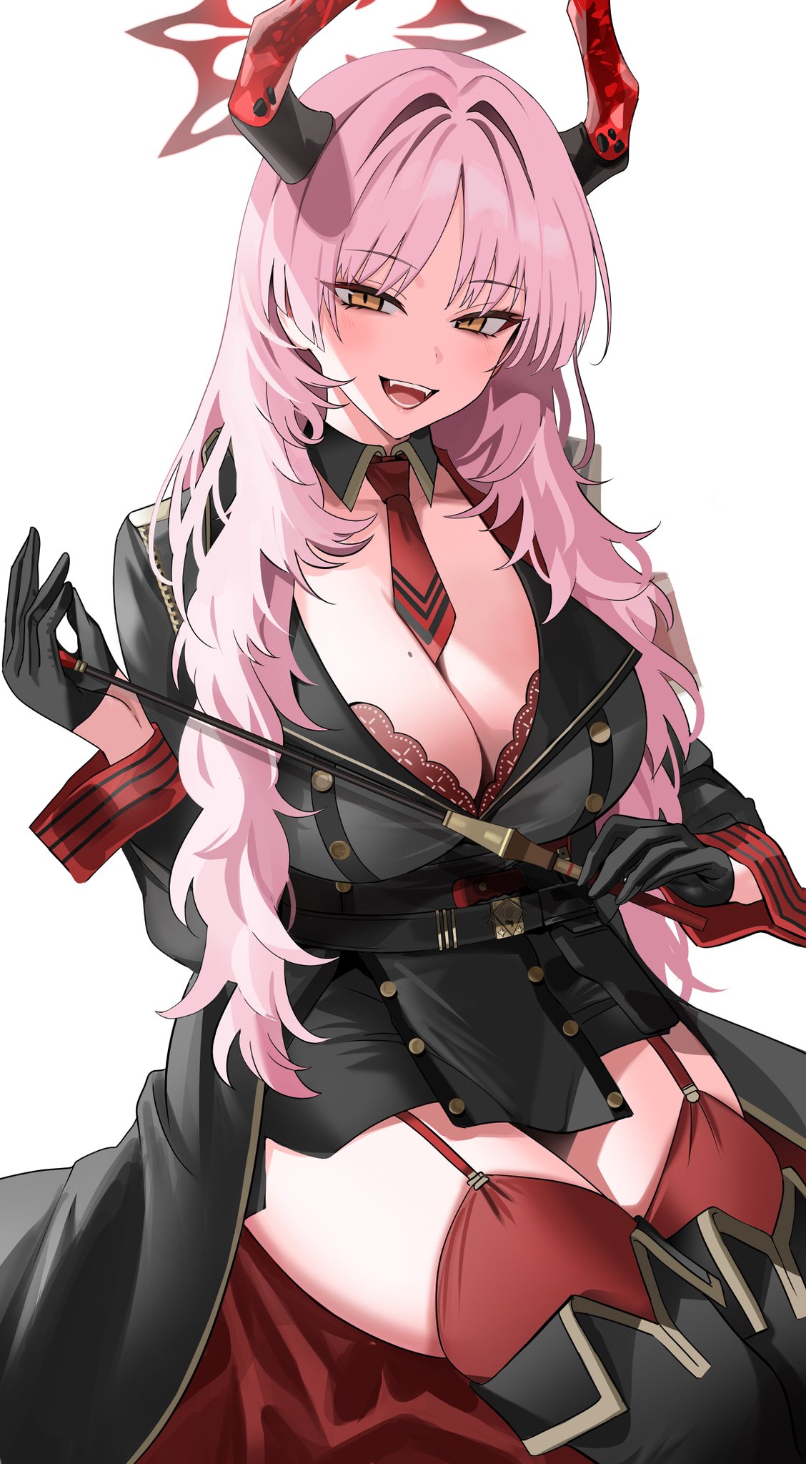 1girls, beauty mark, beauty mark on breasts, black gloves, blue archive, breasts, clothed, clothing, eyebrows visible through hair, fangs, female, female only, gehenna academy student, gloves, horns, light skin, light-skinned female, looking at viewer, military uniform, pandemonium society (blue archive), pink hair, red tie, satsuki (blue archive), simple background, solo, tie, white background, yellow eyes, yuki (asayuki101)