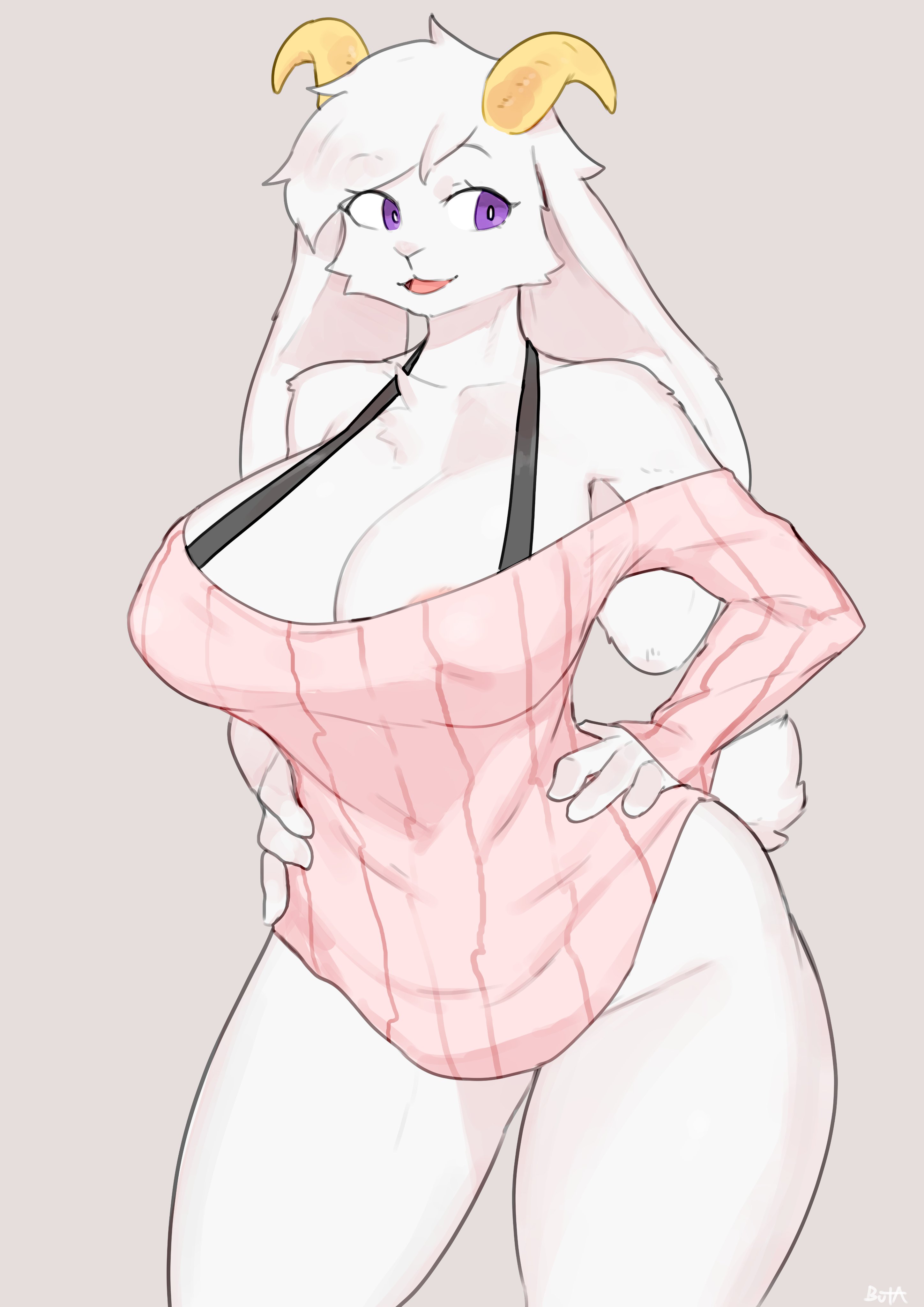 1girls, absurd res, anthro, biped, bovid, breasts, buta99, caprine, cleavage, clothed, clothing, female, female only, goat, hands on hips, looking away, mammal, nipple outline, open mouth, purple eyes, simple background, solo, toriel, undertale, undertale (series), white background, white body