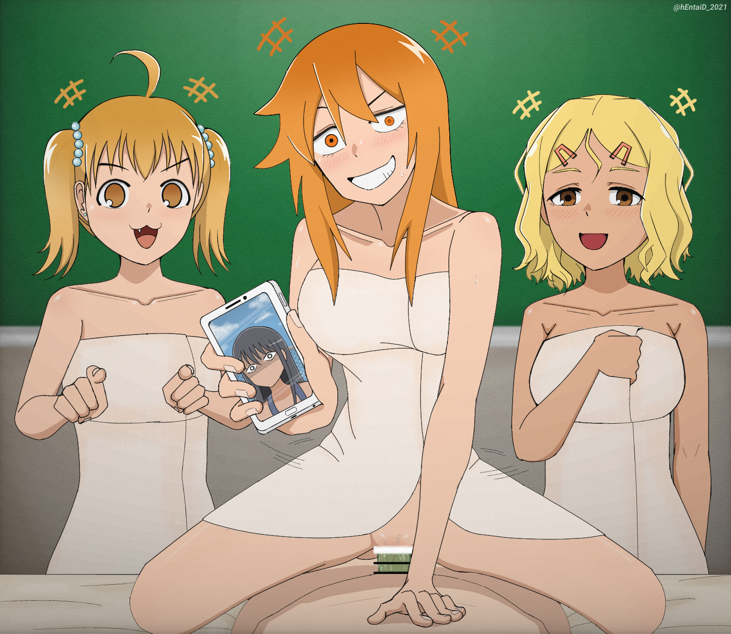 1boy, 3girls, ahoge, assertive female, blonde hair, cellphone, censor bar, censored, cowgirl position, cuckquean, female, femdom, gamo-chan, gyaru, hair ornament, hairclip, hayase nagatoro, hentaid, highres, male, multiple females, multiple girls, naked towel, naoto hachioji (senpai), netorare, ntr, orange hair, please don't bully me, nagatoro, pov, pussy, reverse cowgirl position, sakura (nagatoro), sex, sex from behind, short hair, straddling, towel, twintails, vaginal penetration, video call, yoshi (nagatoro)