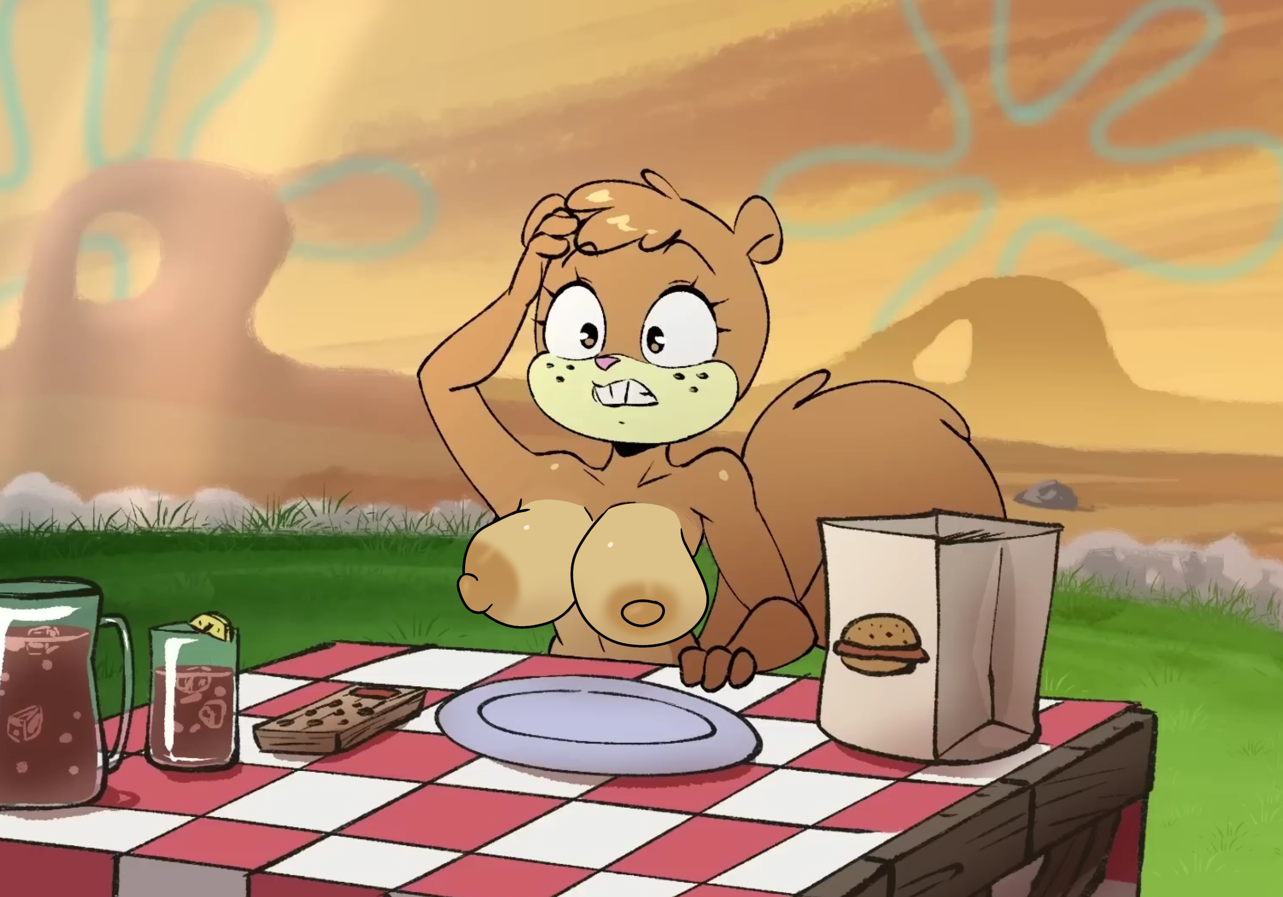 1girls, anthro, big breasts, big nipples, breasts, breasts out, breasts outside, brown body, brown fur, brown hair, brown nipples, brown skin, casual, casual nudity, chipmunk, edit, female, female focus, female only, fur, furry, furry breasts, furry ears, furry female, furry only, furry tail, joaoppereiraus, momempleisnsfw, nipples, nonsexual, nonsexual nudity, sandy cheeks, smooth skin, spongebob squarepants, squirrel, tail, teeth, teeth showing, topless, topless female