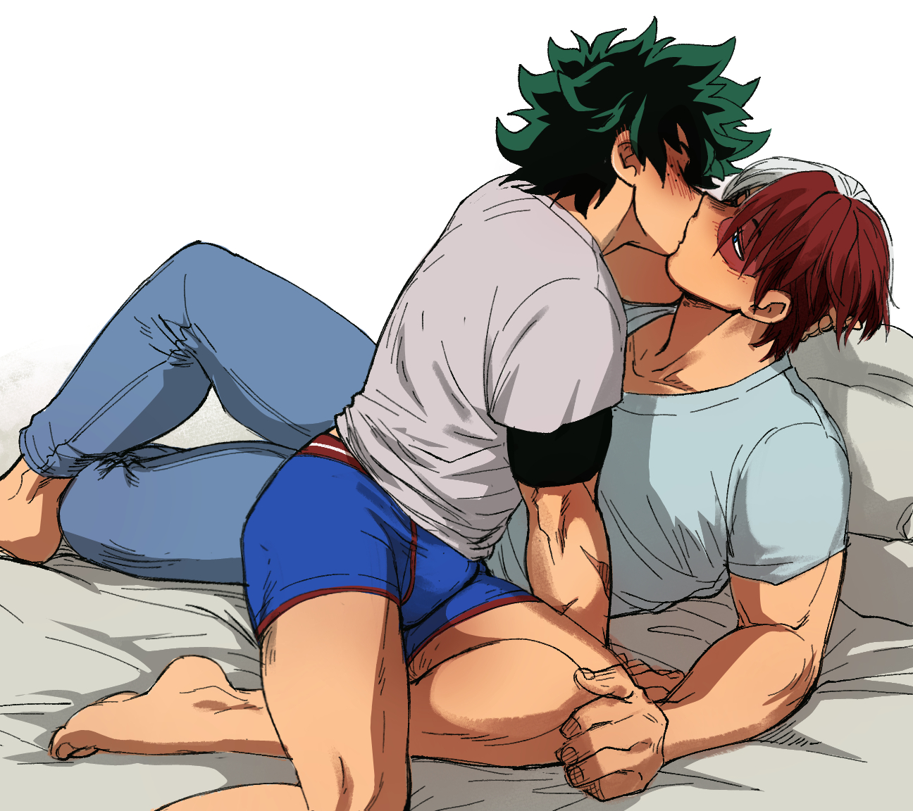 2boys, blush, boku no hero academia, clothed, deku, freckles, gay, green hair, head grab, izuku midoriya, kissing, making out, male, male/male, midoriya izuku, my hero academia, on bed, red hair, romantic, shouto todoroki, tododeku, todoroki shouto, toned, toned male, two-tone hair, underwear, white background, white hair, yaoi, zazaraza33