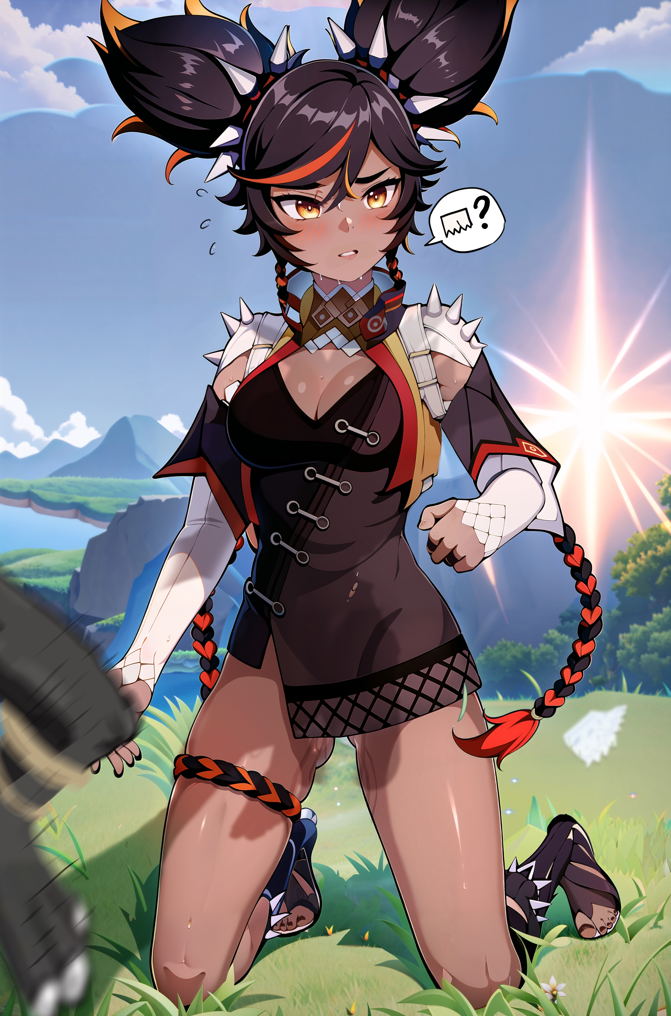 ?, ai generated, ambush, ass visible through thighs, bangs, black dress, black hair, black nails, blue sky, blush, bottomless, braid, breasts, cleavage, cloud, dark skin, dark-skinned female, day, female, flying sweatdrops, genshin impact, grass, hair between eyes, hilichurls (species), imminent rape, imminent sex, kneeling, looking at viewer, medium breasts, multicolored hair, nervous, nervous sweat, outdoors, public indecency, pussy, pussy juice, red hair, short twintails, shorts removed, shoulder spikes, sky, solo, solo focus, speech bubble, spikes, stable diffusion, streaked hair, sun, sweat, thigh strap, toeless footwear, toenail polish, toenails, toes, twintails, xinyan (genshin impact), xinyandegen, yellow eyes