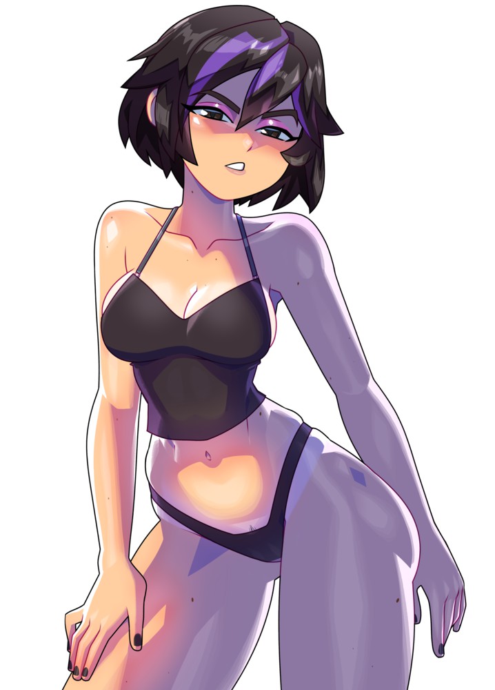 1girls, big hero 6, black hair, black nails, black panties, black underwear, bra strap, breasts, brown eyes, disney, eyeliner, eyeshadow, female, gogo tomago, hand on thigh, leaning, makeup, marvel, marvel comics, minicop2001, nail polish, panties, partially clothed, purple hair, short hair, sports bra, streaked hair, thick thighs, underwear