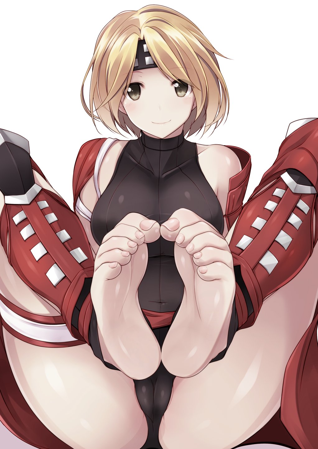 1girls ass barefoot big_breasts black_leotard blonde_hair cameltoe djeeta_(granblue_fantasy) feet feet_towards_viewer female female_only female_protagonist flexible_toes foot_fetish foot_focus granblue_fantasy happy headband japanese_armor large_breasts leotard light-skinned_female light_blush light_skin naturalton navel_visible_through_clothes ninja pinched_toes presenting_feet shin_guards short_hair simple_background smile solo teenager thighhighs toenails toes_scrunch white_background