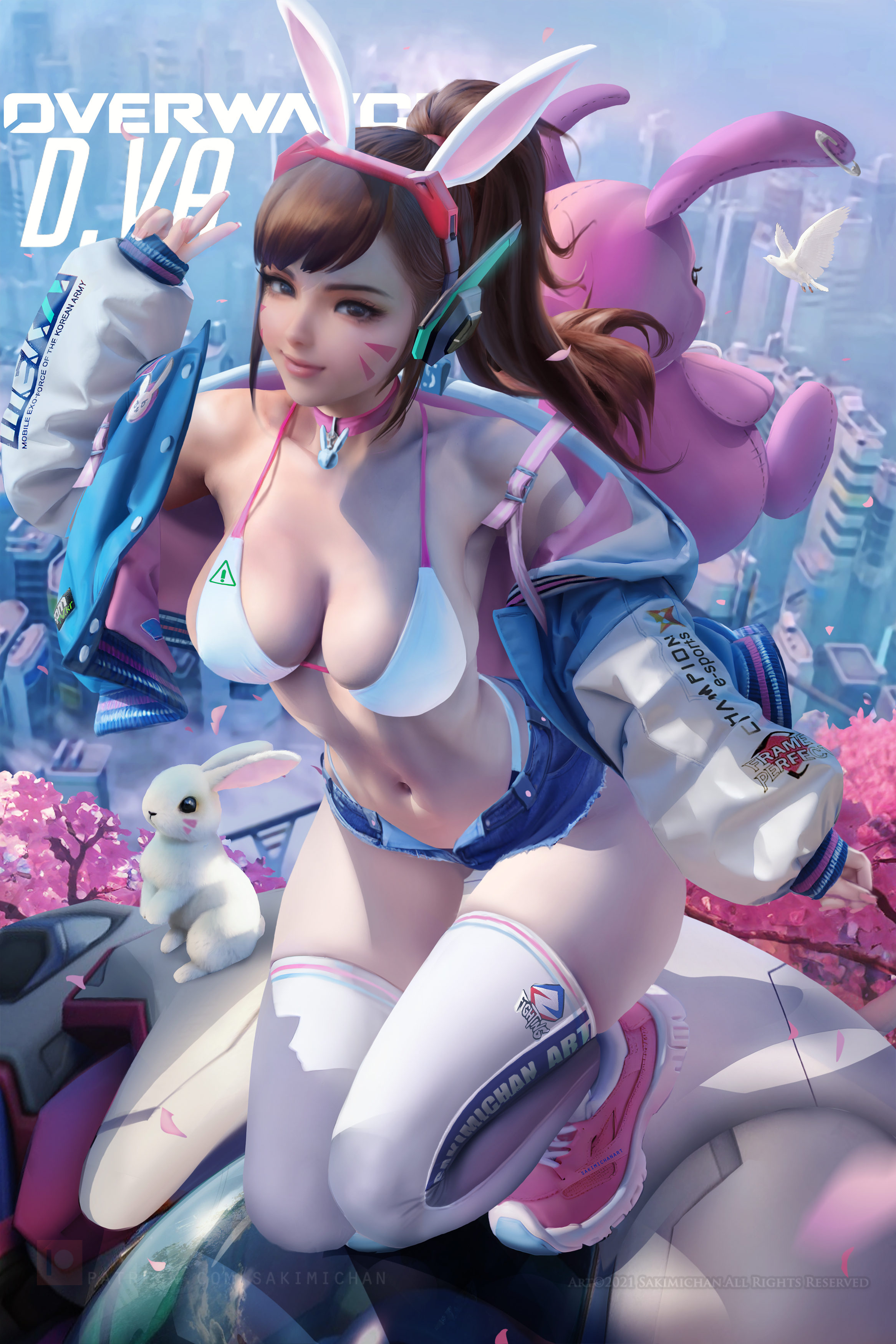 1girls, absurdres, alternate breast size, big breasts, blizzard entertainment, breasts, brown hair, bunny, d.va, facepaint, female, headgear, jacket, light skin, light-skinned female, long hair, long sleeves, outside, overwatch, ponytail, sakimichan, slim waist, sneakers, tagme, thick thighs, thighhighs