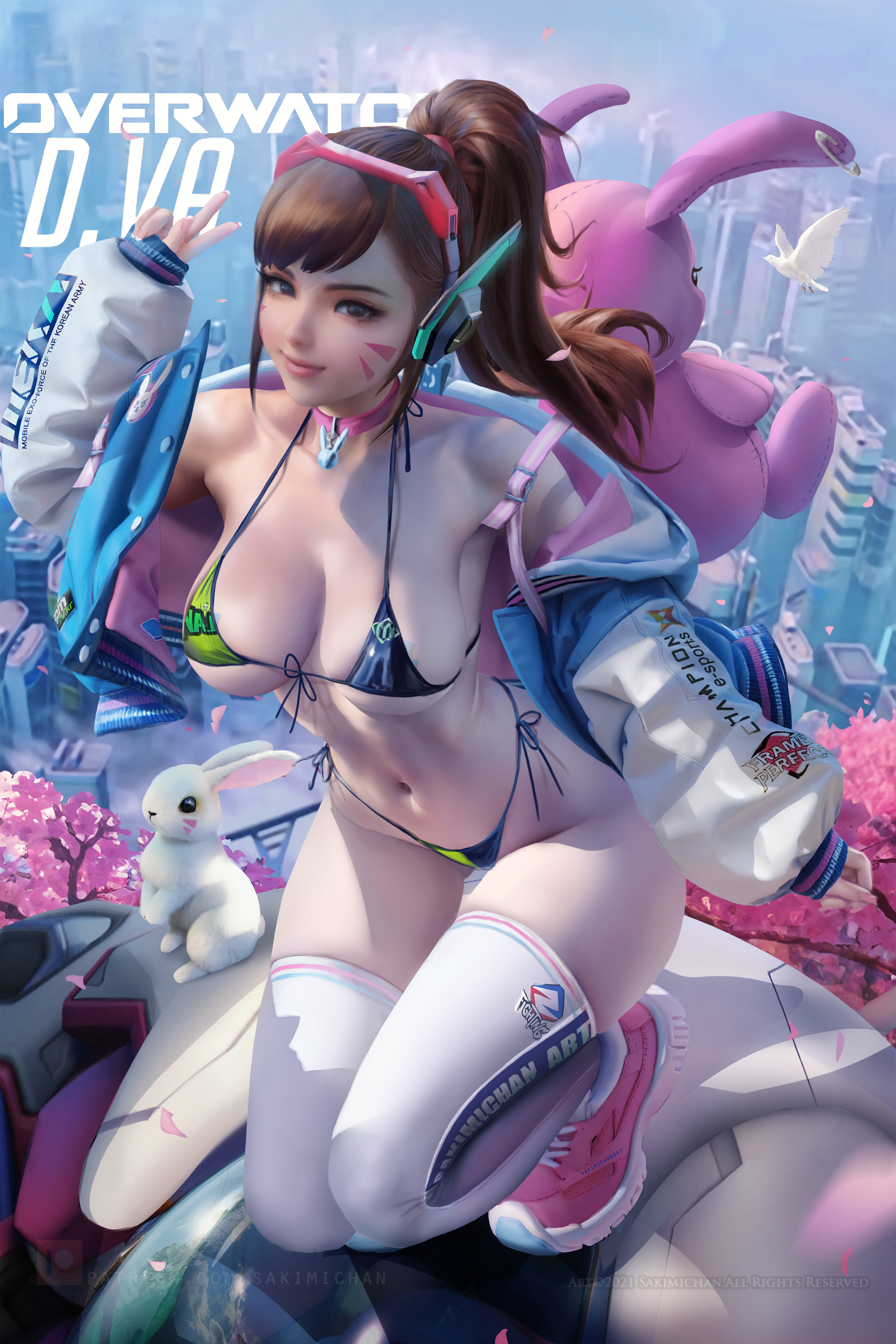 1girls, absurdres, alternate breast size, big breasts, blizzard entertainment, breasts, brown hair, bunny, d.va, facepaint, female, headgear, jacket, light skin, light-skinned female, long hair, long sleeves, outside, overwatch, ponytail, sakimichan, slim waist, sneakers, tagme, thick thighs, thighhighs