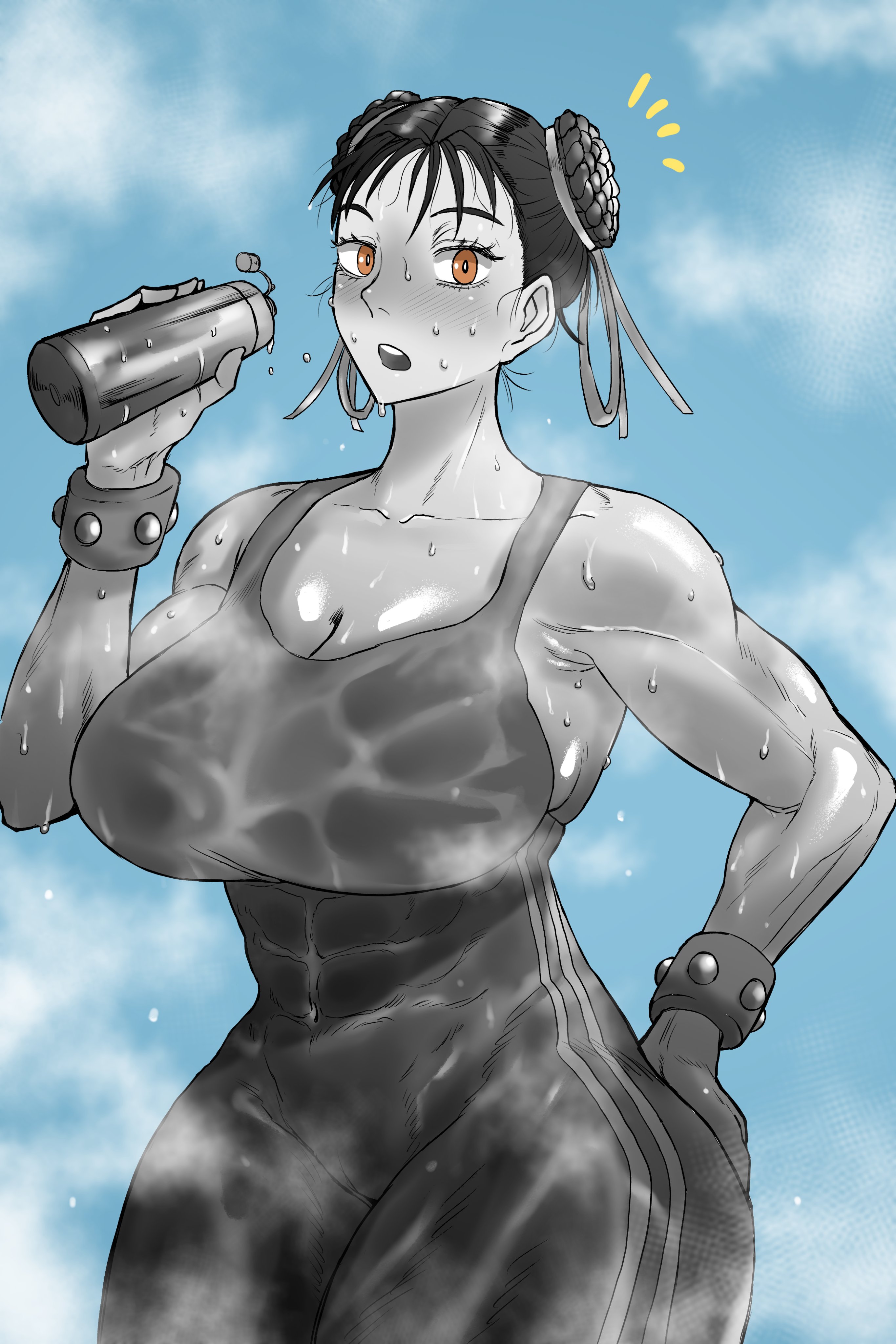 1girls, abs, absurdres, after exercise, akasa523, bodysuit, bottle, bracelet, breasts, brown eyes, capcom, chun-li, cleavage, female, female only, fully clothed, hand on hip, highres, huge breasts, jewelry, messy hair, solo, steam, steaming body, street fighter, street fighter alpha, sweat, voluptuous, water bottle, workout clothes