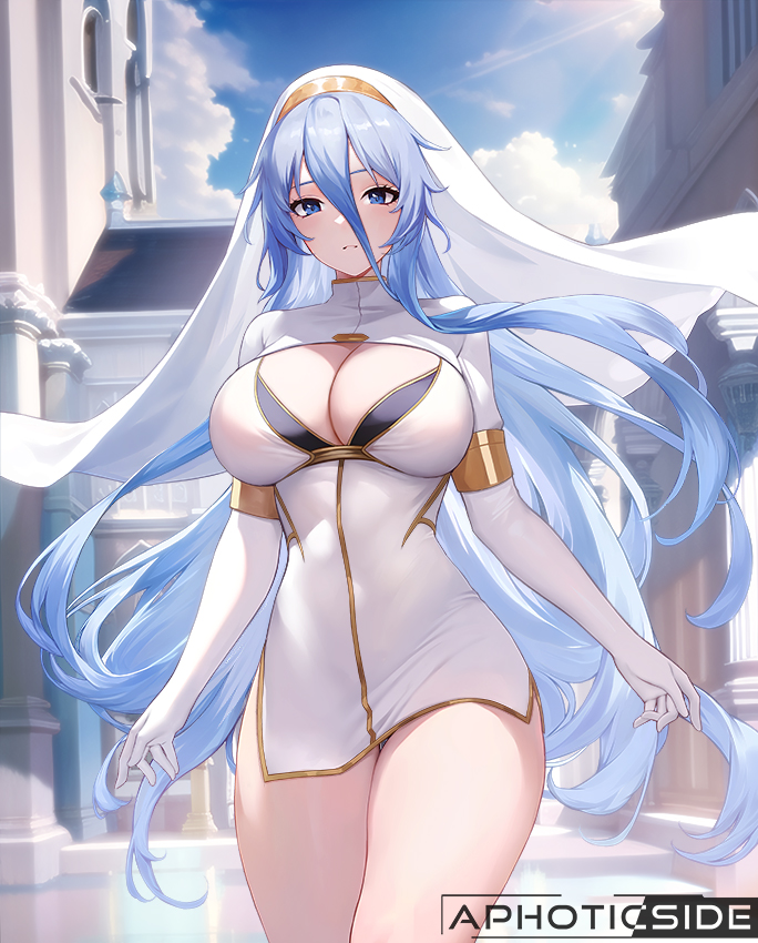 1girls ai_generated alternate_costume alternate_eye_color armlet azto_dio azura_(fire_emblem) bangs blue_eyes blue_hair breasts cleavage cleavage_cutout clothing_cutout dress elbow_gloves female female_only fire_emblem fire_emblem_fates gloves hair_between_eyes large_breasts long_hair looking_at_viewer nintendo short_dress solo thick_thighs thighs veil very_long_hair white_dress white_gloves