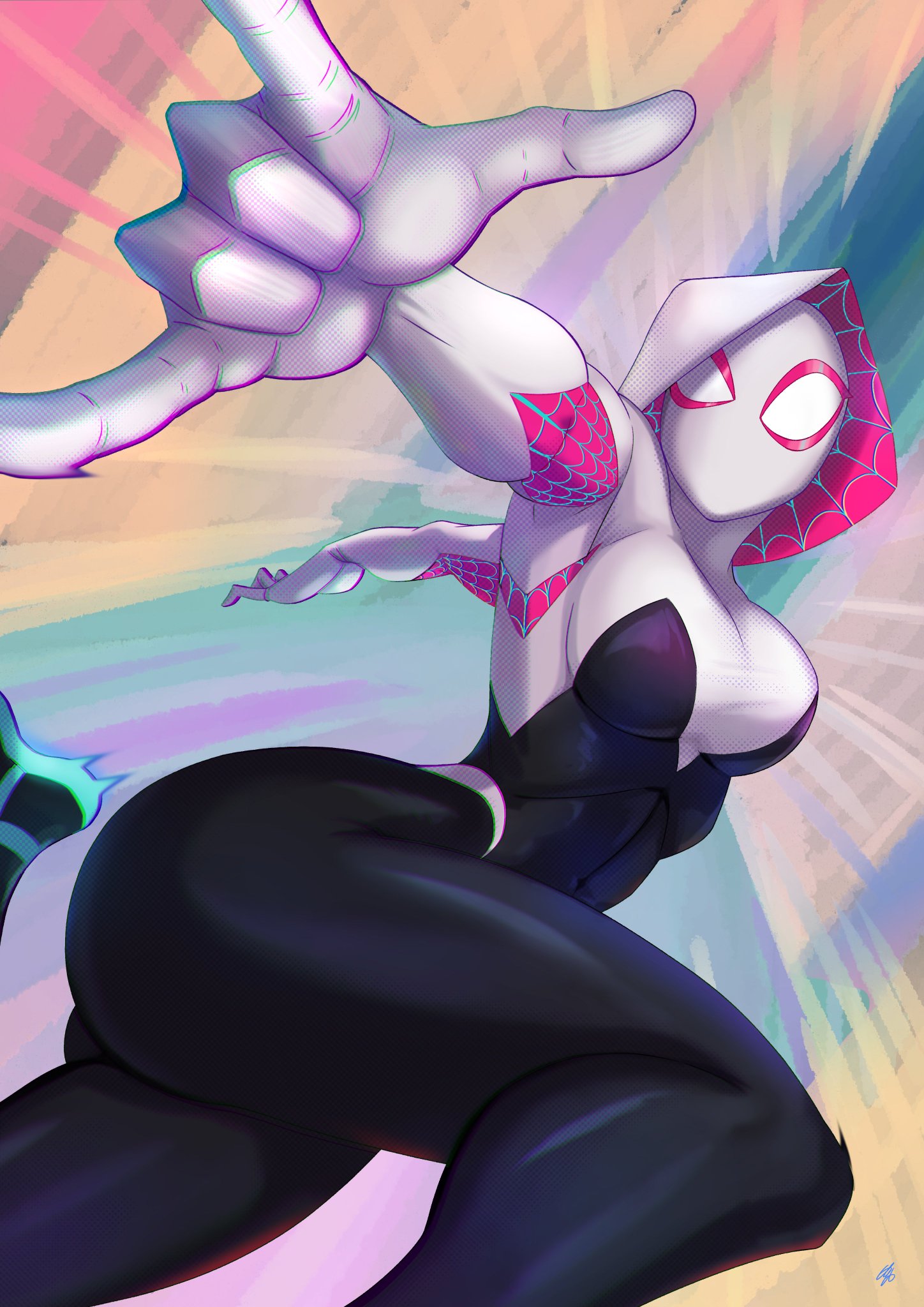1girls, action pose, arthenryaunt, ass, big ass, big breasts, big butt, breasts, clothed, costume, curves, curvy, female, female only, fully clothed, gwen stacy, gwen stacy (spider-verse), huge ass, huge butt, large ass, large breasts, marvel, marvel comics, pose, posing, solo, spider-gwen, spider-man (series), spider-man: into the spider-verse, superhero costume, superheroine, thick, thick ass, tight clothes, tight clothing, tight fit, tights