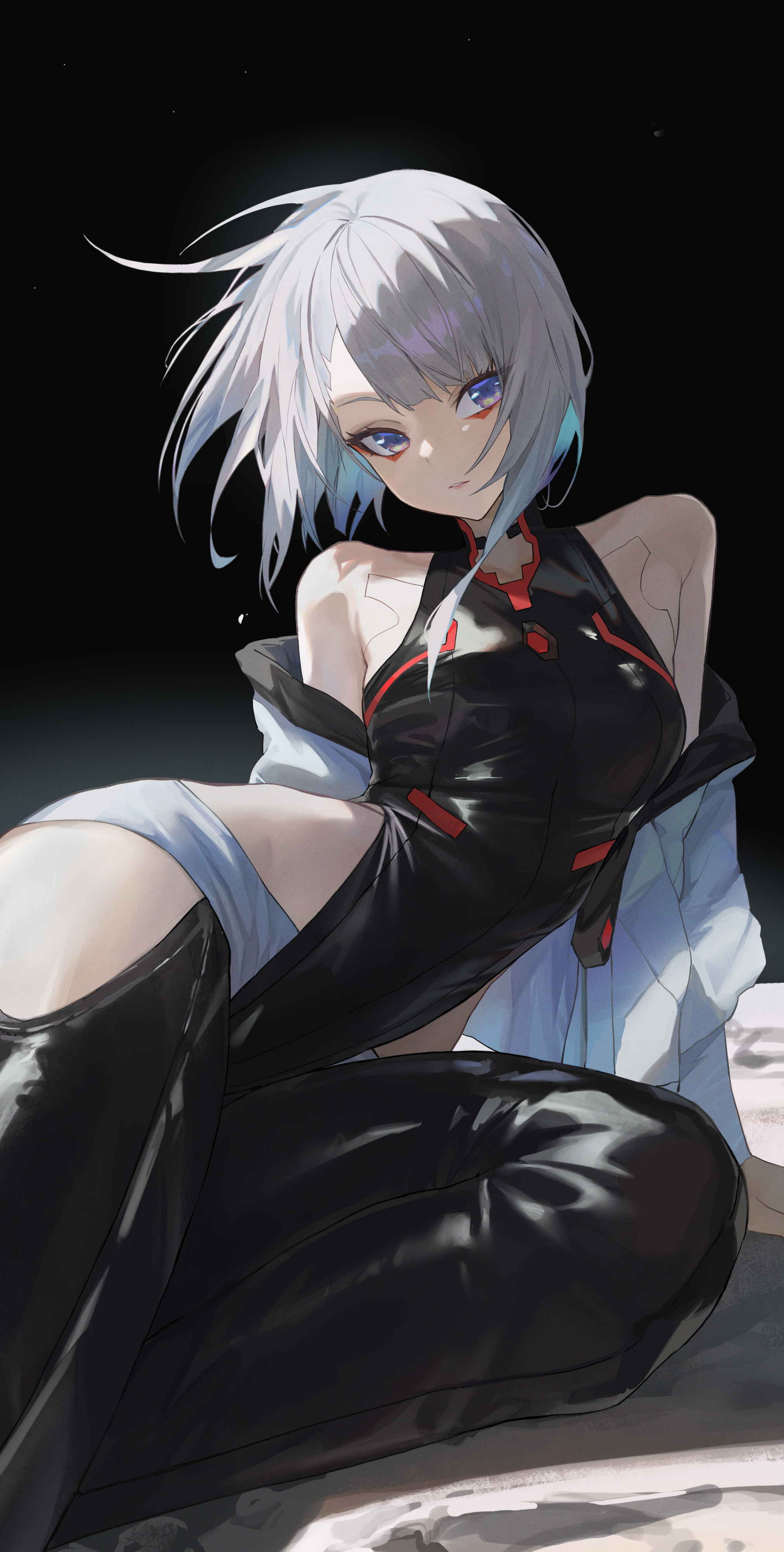 1girls, ass, big ass, big breasts, breasts, cd projekt red, clothing, cyberpunk 2077, cyberpunk: edgerunners, far side, female, female only, latex, lucyna kushinada, moon, open jacket, studio trigger, tight clothing, tight fit