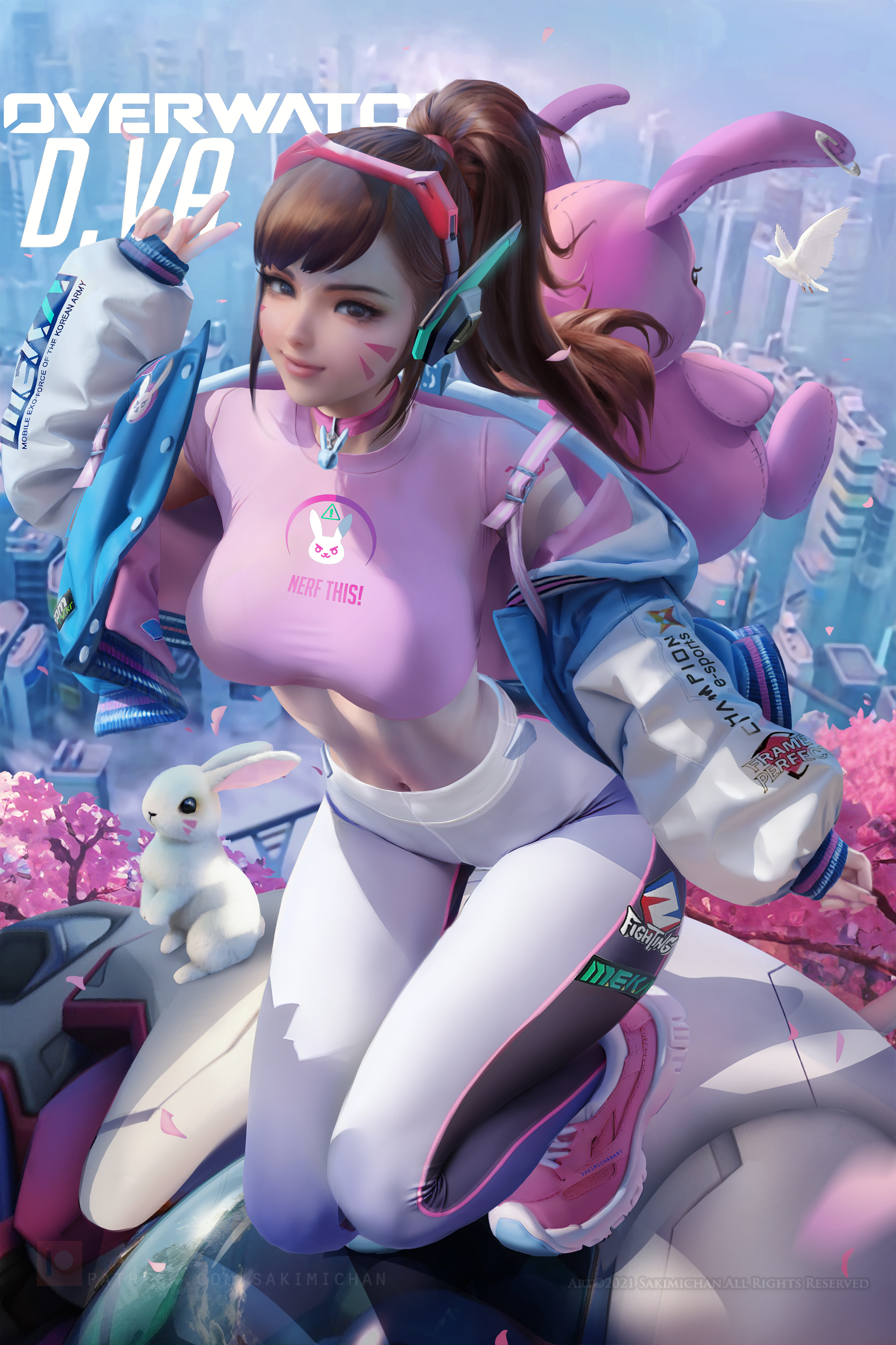 1girls, absurdres, alternate breast size, big breasts, blizzard entertainment, breasts, brown hair, bunny, d.va, facepaint, female, headgear, jacket, light skin, light-skinned female, long hair, long sleeves, outside, overwatch, ponytail, sakimichan, slim waist, sneakers, tagme, thick thighs, thighhighs