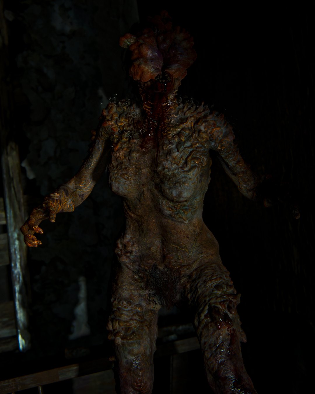 3d big_thighs blood breasts brown_hair bush clicker cordyceps detailed_background eyeless female female_only fungus hair infected monster monster_girl naughty_dog nightmare_waifu nipples nude open_mouth pubes screencap solo sony_interactive_entertainment spores teeth the_last_of_us the_last_of_us_2 tongue veins