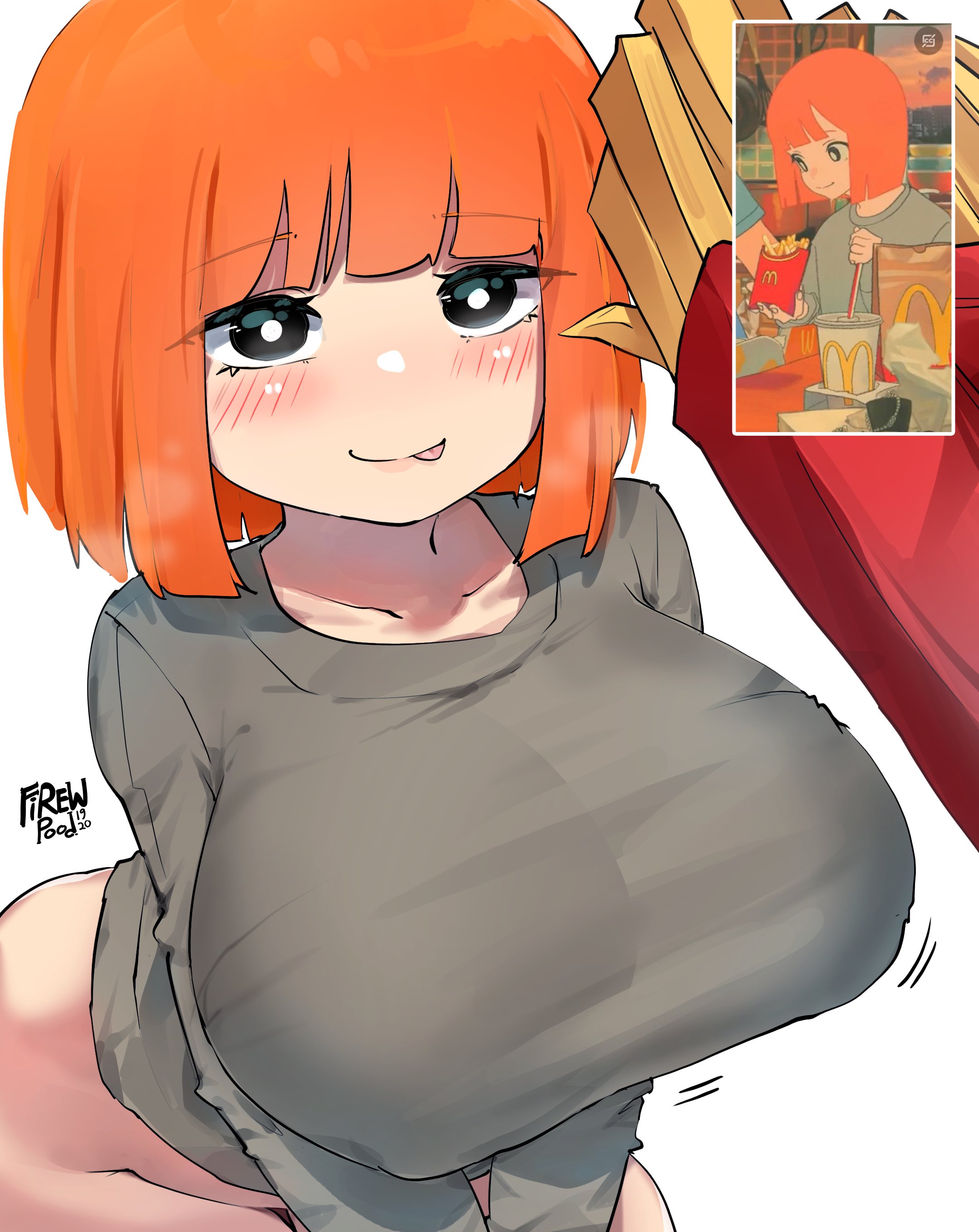 1girls, alternate breast size, big breasts, blush, breasts, busty, curvaceous, curvy, curvy body, curvy female, curvy figure, female, firewpood, french fries, fries, huge breasts, large breasts, licking lips, mcdonald's, milf, mom (japanese mcdonald's commercial), mother, orange hair, reference image, voluptuous, yoru mac