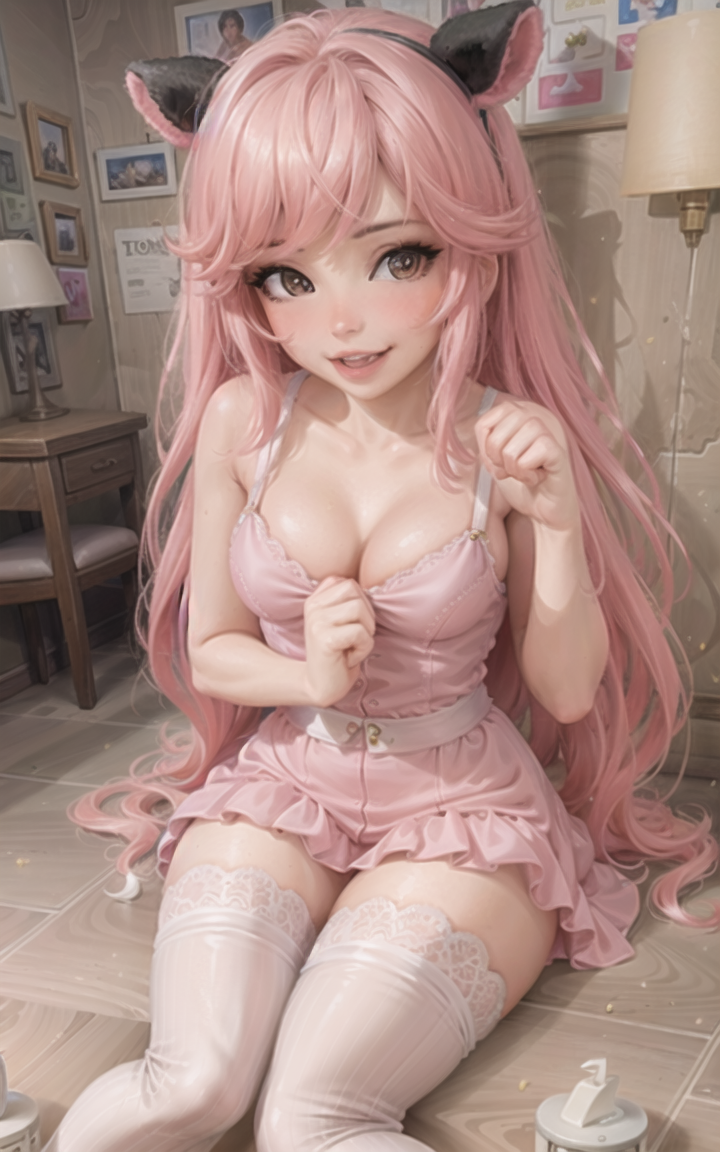 1girls ai_generated belle_delphine blush breasts brown_eyes dress fake_animal_ears female_only headwear legwear light_skin long_hair open_mouth pink_hair stable_diffusion stockings thick_thighs