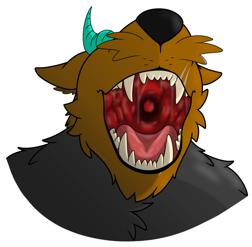 anthro big_teeth brown_fur cheek_tuft cyan_horns drool drool_string facial_hair grey_fur horn horns mawshot sharp_teeth slobber system_alter werewolf werewolf_alter werewolf_maw wolf wolf_maw