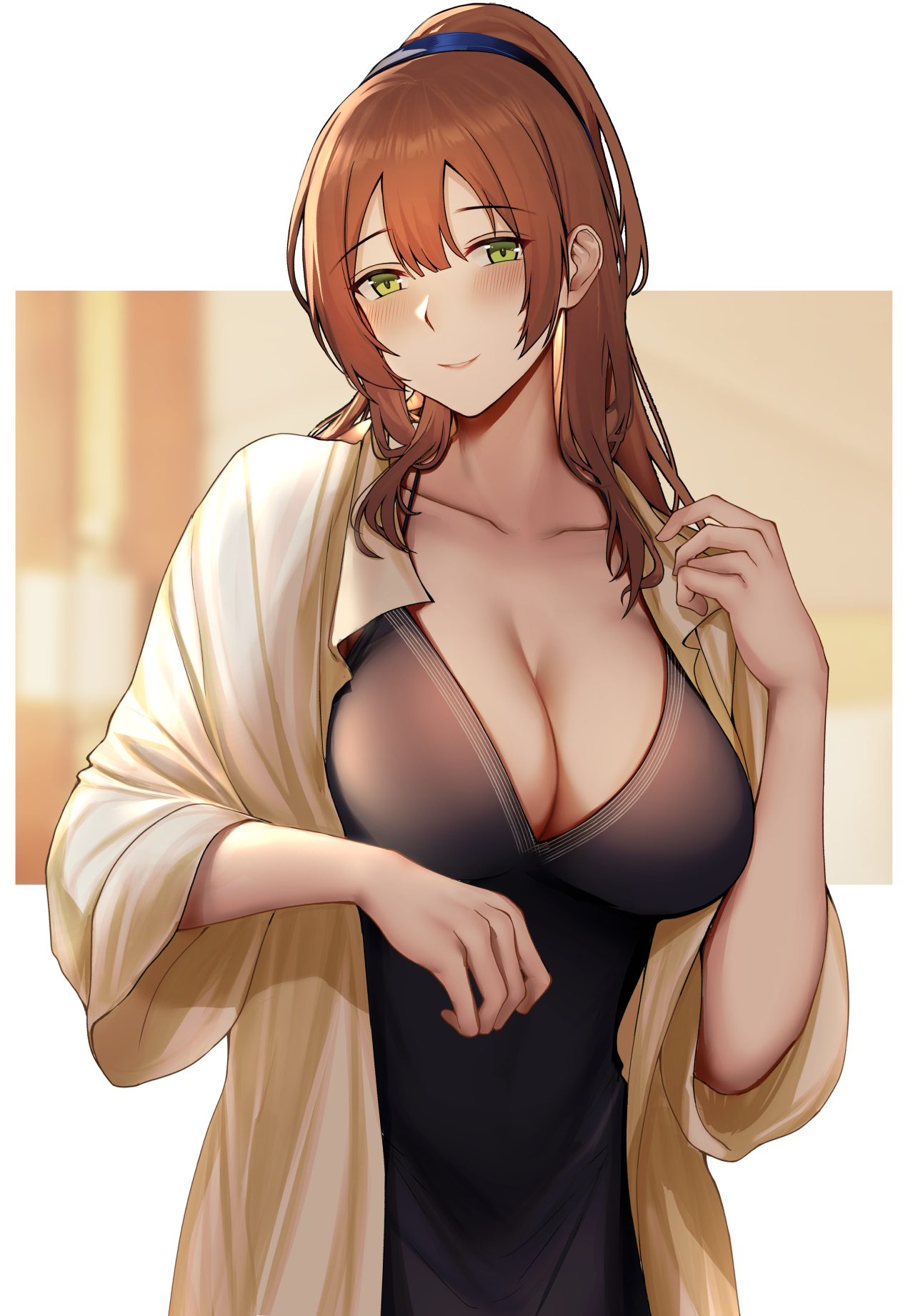 alternate costume, blush, breasts, brown hair, cleavage, collarbone, female, girls' frontline, green eyes, hair between eyes, hand up, highres, kitsune udon (ai br), large breasts, long hair, looking at viewer, mature female, milf, parted lips, sidelocks, smile, solo, springfield (girls' frontline), torso, upper body