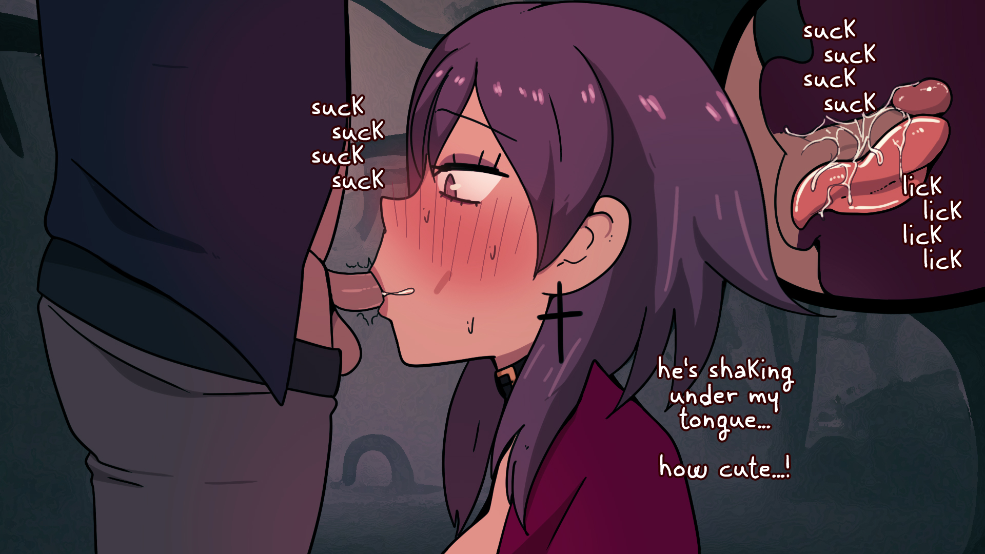1boy, 1girls, artificial blood, blowjob, blush, choker, cross earrings, cute, dark skin, dark-skinned male, earring, english text, erect penis, erection, fellatio, female, forest, hands-free, hasselnut, lucille (artificial blood), male, nose blush, onomatopoeia, oral, outside, partial male, penis, petite, precum, purple hair, seductive mouth, small penis, small penis adoration, sweat, tan skin, tan-skinned female, teenager, text, tongue, wolfgang bang, x-ray