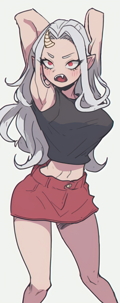 1girls, aged up, ai generated, booty shorts, breasts, clothed, clothed female, crop top, eri (my hero academia), fangs, female, grey hair, large breasts, long hair, my hero academia, navel, red eyes, short shorts, silver hair, skirt, solo, solo female, solo focus, thick thighs, thin waist, vampire, wide hips