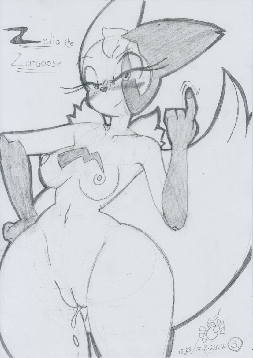 2022 anthro areola beckoning bedroom_eyes blush bodily_fluids breasts female fluffy fluffy_tail fur fur_markings generation_3_pokemon genital_fluids genitals gesture graphite_(artwork) hand_on_hip innie_pussy lunaris_parukia markings medium_breasts narrowed_eyes navel nintendo nipples nude pokemon pokemon_(species) pokemorph pussy pussy_juice seductive shoulder_tuft solo tail teasing thick_thighs traditional_media_(artwork) tuft wide_hips zangoose zelia_(lunaris_parukia)