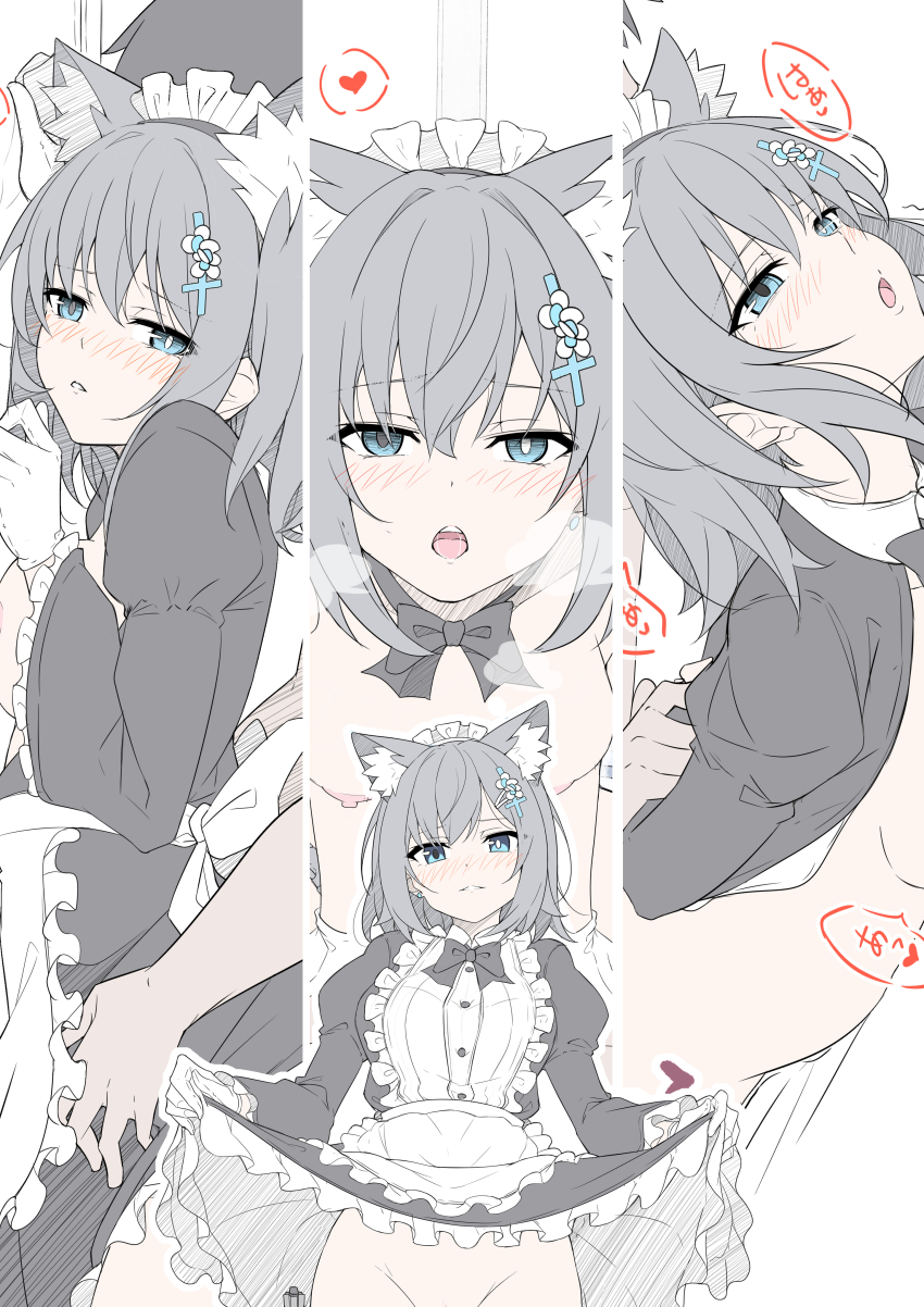 absurdres ahe_gao animal_ear_fluff animal_ears bangs blue_archive blue_eyes blush breasts catgirl clothes_lift cross_hair_ornament dress dress_lift female gloves grey_hair hair_ornament halo highres light-skinned_female looking_at_viewer maid masabodo medium_breasts multicolored_clothes nipples paid_reward_available pale-skinned_female shiroko_(blue_archive) solo solo_female speech_bubble white_gloves