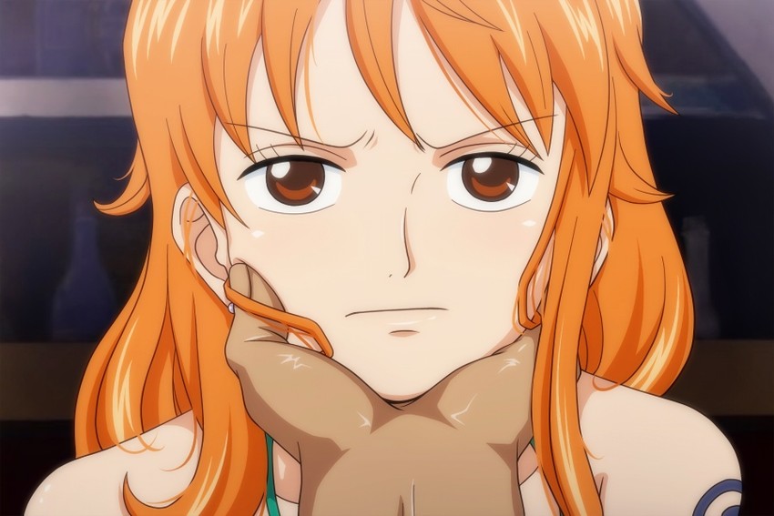 angry angry_expression angry_face assertive_male chin_grab domination female femsub fukuro_ooji grabbing_chin male nami one_piece post-timeskip submissive submissive_female tagme unhappy unhappy_female