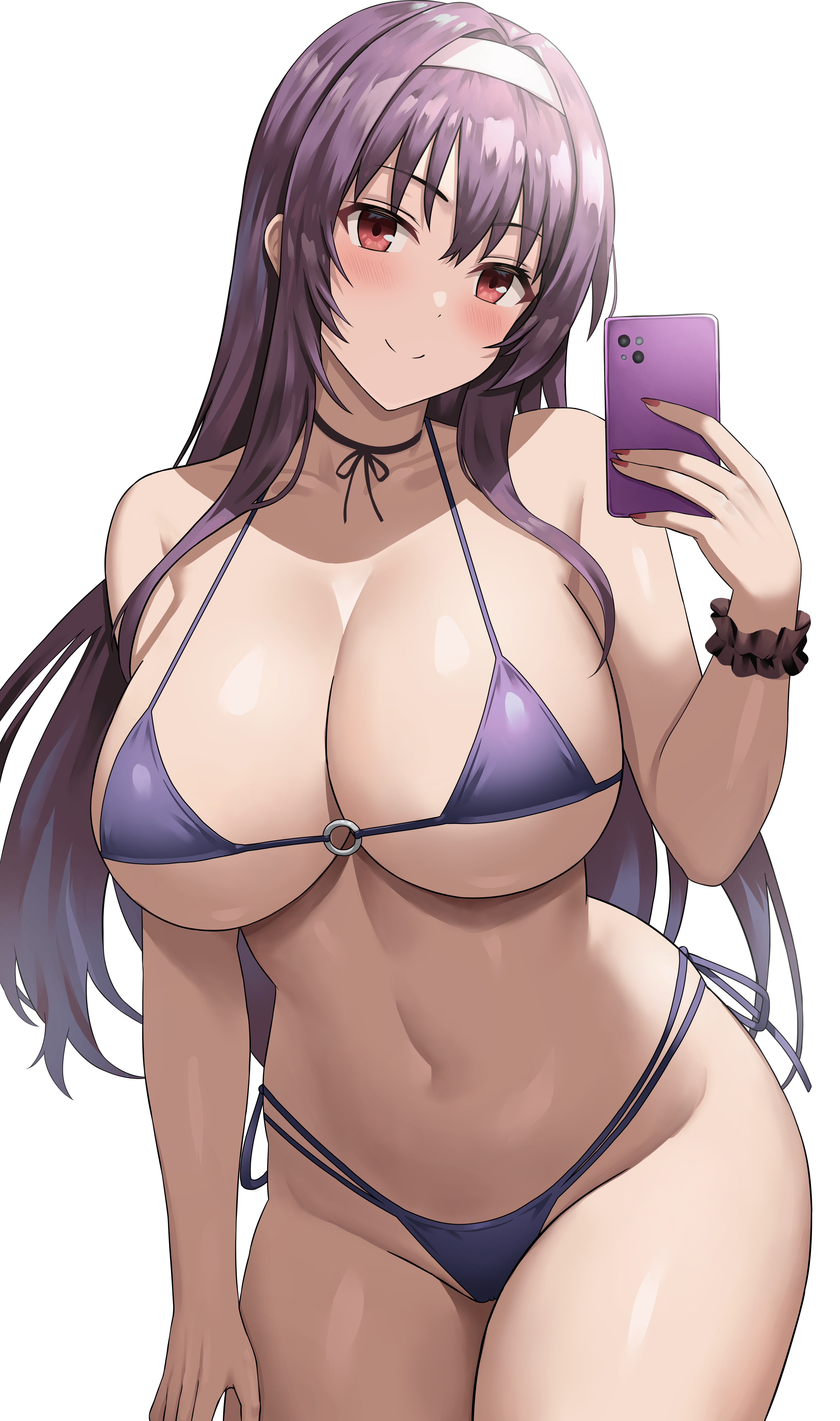 1girls, absurdres, big breasts, bikini, breasts, female, jasony, kasumigaoka utaha, light-skinned female, long hair, purple hair, red eyes, saenai heroine no sodatekata, selfie, smile, tagme, thighs