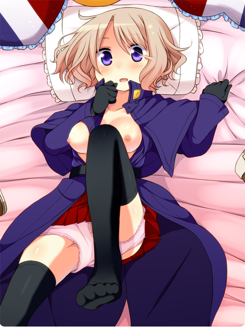 1girls axis_powers_hetalia black_gloves black_legwear black_thighhighs france_(hetalia) francis_bonnefoy genderswap_(mtf) gloves kika_(pororororo) large_breasts open_mouth pillow pink_panties purple_eyes rule_63 sheet_grab toes