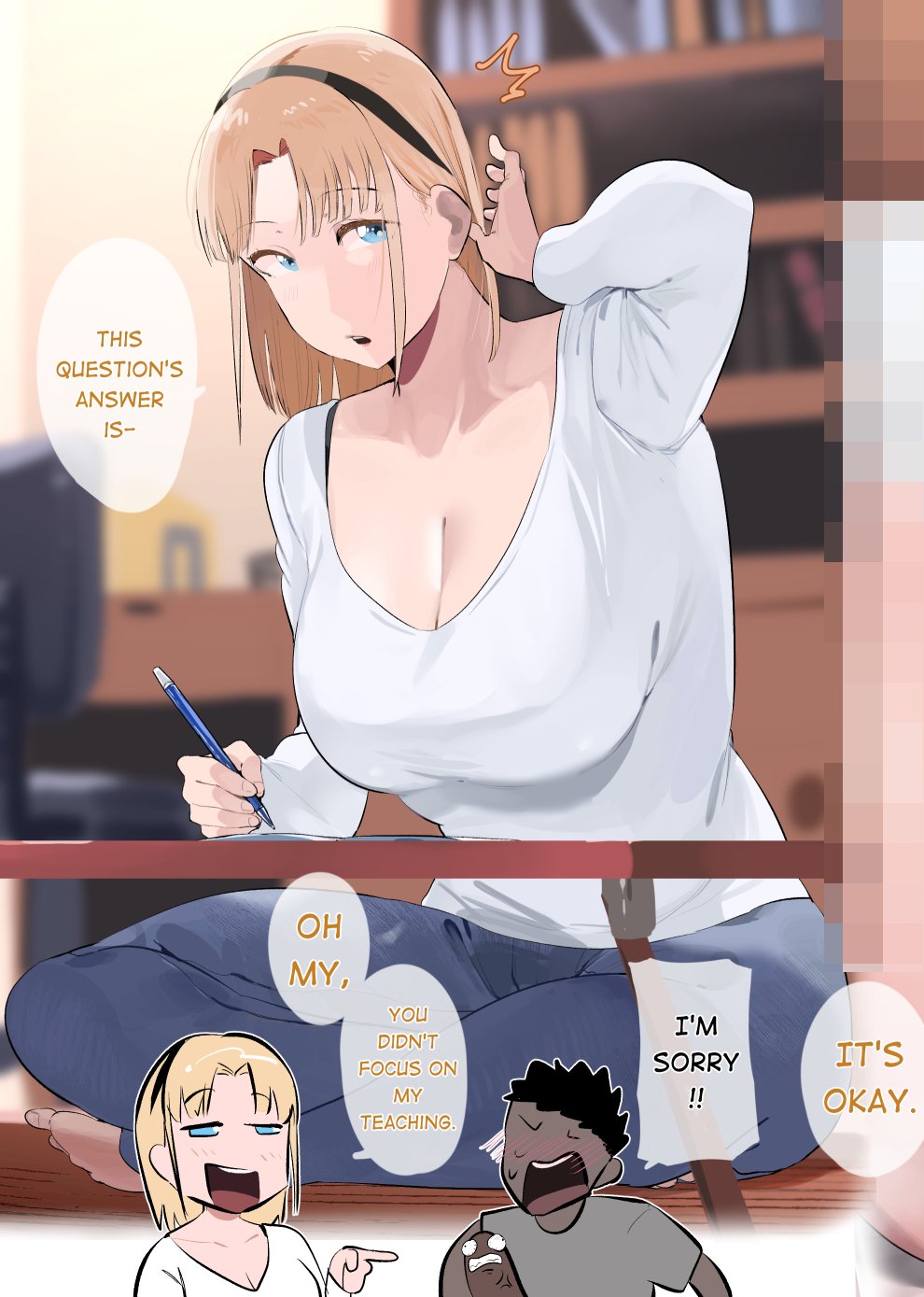 2023 big_breasts black_hair blonde blonde_female blonde_girl_(okpriko) blonde_hair blue_eyes blush blushing cleavage comic dark-skinned_male english_text erection funny hairband large_breasts light-skinned_female mature mature_female okpriko older_female original short_hair sitting smug tagme teacher teacher_and_student text tutor wholesome younger_male