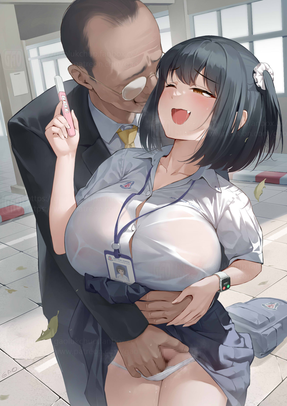 1boy 1boy1girl 1girls adult_and_teenager age_difference aroused backpack black_hair blush clothing dark_skin excited female female_focus fingering gao-lukchup gao_(gaolukchup) gaolukchup glasses groping hand_in_panties highres hug huge_breasts human id_card imminent_sex lanyard loogchoob_(gaolukchup) looking_pleasured male mature_male neckwear no_bra no_penetration old_man older_male older_man_and_teenage_girl older_penetrating_younger original pale_skin pregnancy_test school_uniform sweat tagme teenage_girl teenager thick_thighs translucent_clothing younger_female