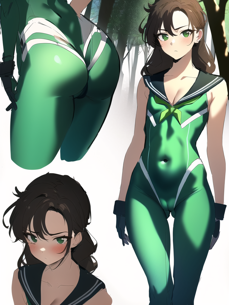 ai_generated bishoujo_senshi_sailor_moon breast_outline cameltoe cleft_of_venus clothing female flat_chest green_bodysuit green_eyes green_hair latex makoto_kino multiple_angles navel navel_outline plugsuit pussy_outline sailor_jupiter sailor_senshi shiny_clothes skin_tight skinsuit solo stable_diffusion tagme tight_clothing toned toned_body toned_female