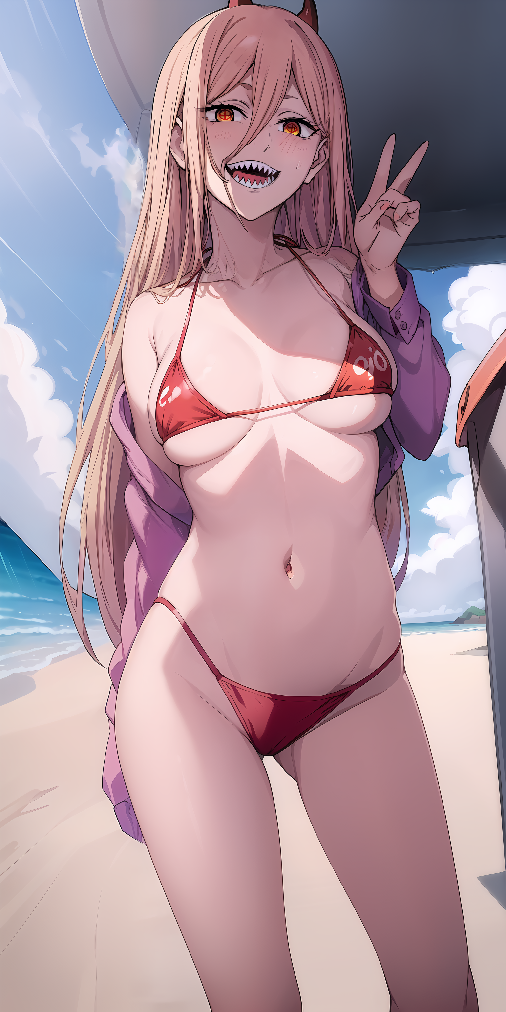 ai generated, beach, bikini, breasts, chainsaw man, demon, demon girl, female, looking at viewer, medium breasts, nai diffusion, power (chainsaw man), shounen jump, stable diffusion, tagme, whirlpai