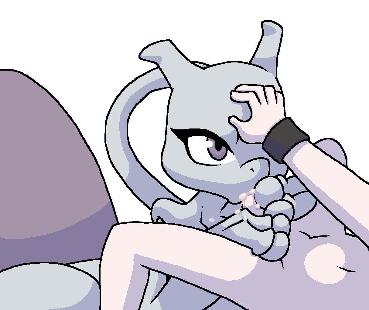 ambiguous_gender ambiguous_penetrated anthro armband bodily_fluids cum cum_in_mouth cum_inside cum_on_hand duo eyelashes fellatio female_mewtwo generation_1_pokemon genital_fluids genitals grey_body hand_on_head hand_on_penis human human_on_anthro interspecies legendary_pokemon long_tail looking_at_another male male/ambiguous male_penetrating male_penetrating_ambiguous mammal mewtwo nintendo oral oral_penetration penetration penile penile_penetration penis pokemon pokemon_(species) pokephilia praiz purple_body purple_eyes sex simple_background tail white_background