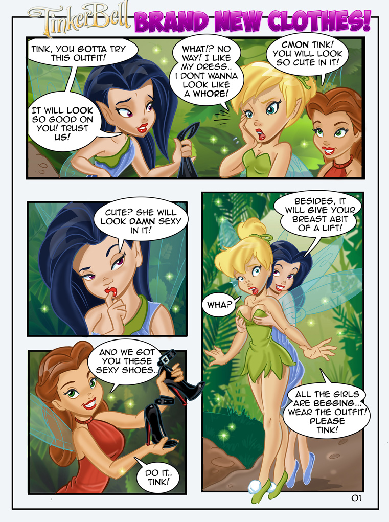 3girls comic disney disney_fairies english_text fairy female female_only high_heels lifting_breasts page_1 poochygirls rosetta_(disney_fairies) silvermist text tinker_bell