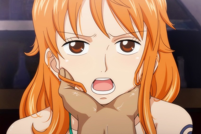 angry angry_expression angry_face assertive_male chin_grab domination female femsub fukuro_ooji grabbing_chin male nami one_piece post-timeskip submissive submissive_female tagme