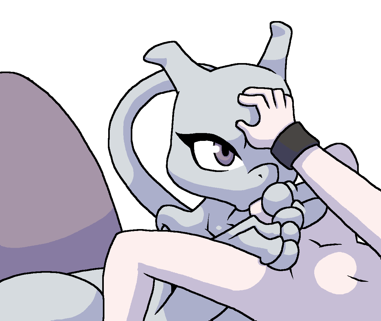 ambiguous_gender ambiguous_penetrated anthro armband duo eyelashes fellatio female female_mewtwo generation_1_pokemon genitals grey_body hand_on_head hand_on_penis human human_on_anthro interspecies legendary_pokemon long_tail looking_at_another male male/ambiguous male/female male_penetrating male_penetrating_ambiguous mammal mewtwo nintendo oral oral_penetration penetration penile penile_penetration penis pokemon pokemon_(species) pokephilia praiz purple_body purple_eyes sex simple_background tail white_background