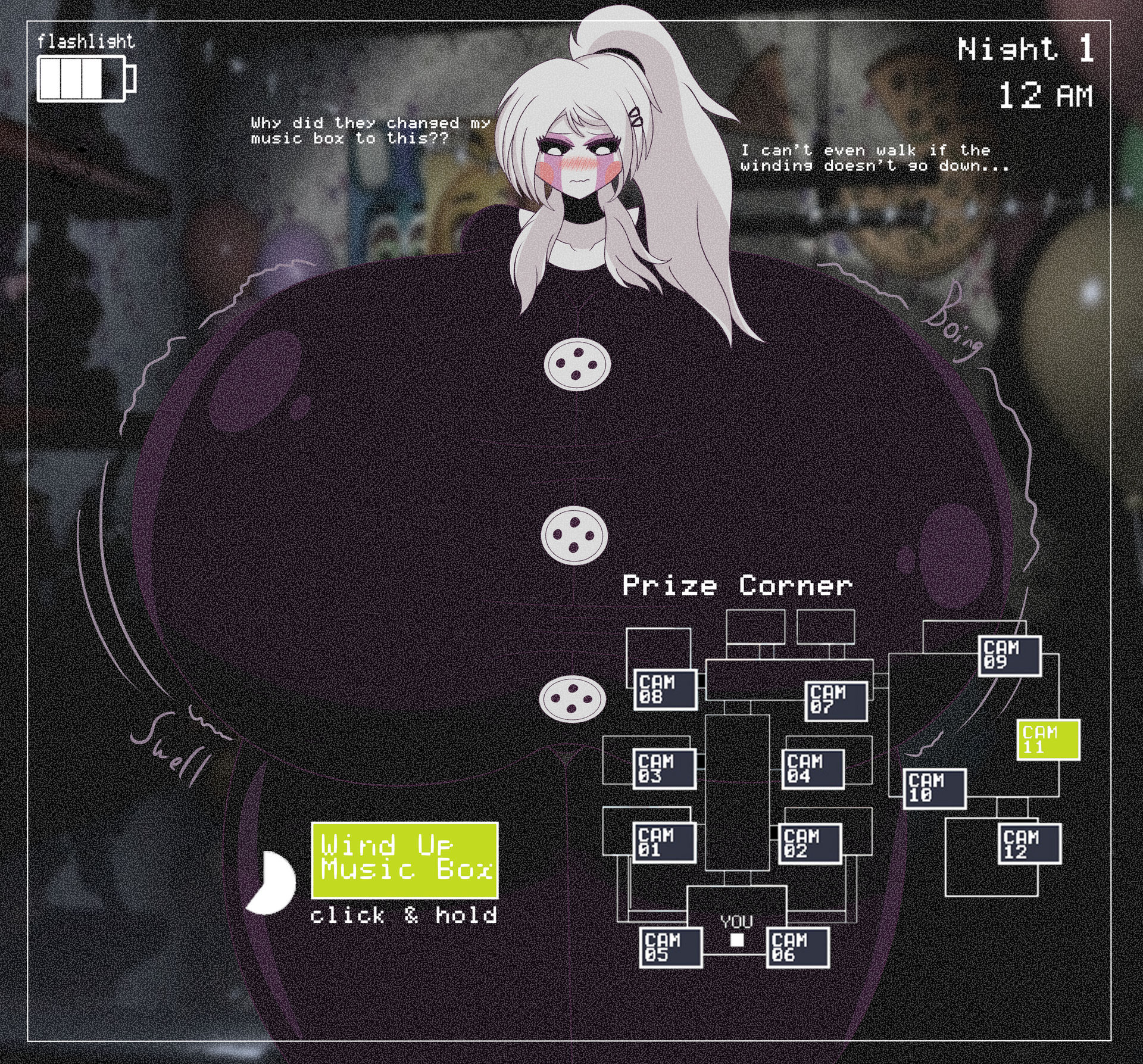 ass expansion, blush, breast expansion, breast growth, breast growth (enlargement), breasts, camera view, confused, female, five nights at freddy's, five nights at freddy's 2, five nights in anime, game mechanics, gigantomastia, hyper breasts, marionette (fnaf), puppet (fnaf), puppet (fnia), solo, thick thighs, thigh expansion, tight clothing, tradicon666, white hair