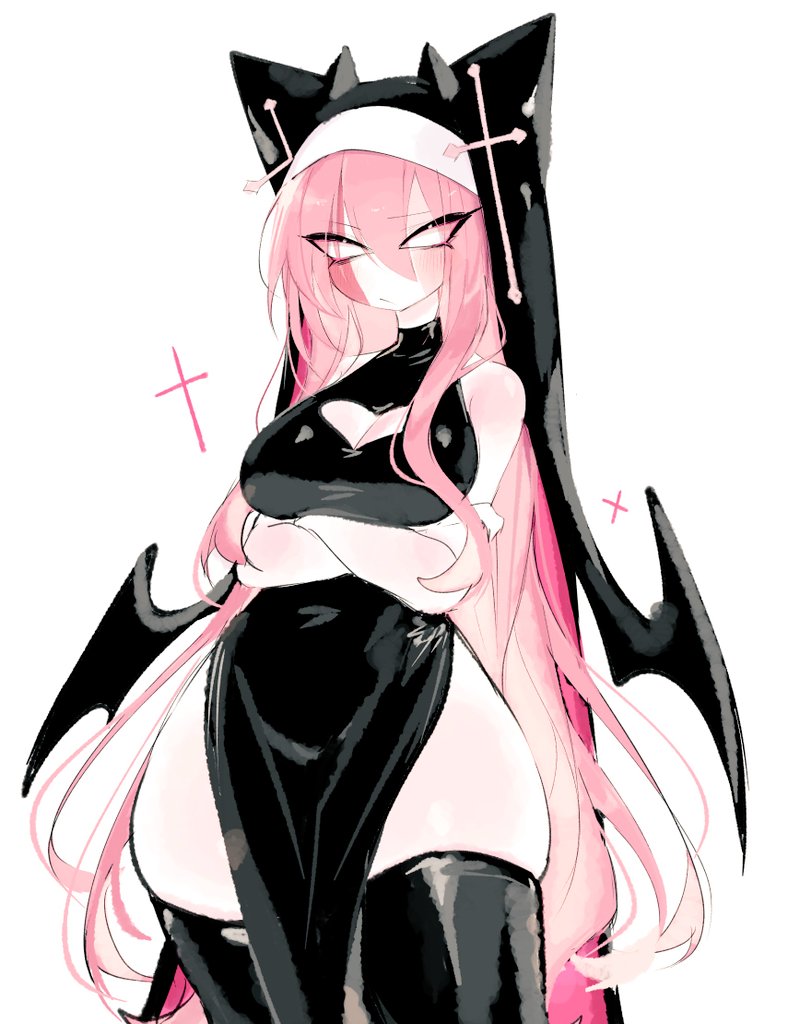 1girls, arms crossed, blush, boob window, breasts, cleavage, female, friday night funkin, large breasts, long hair, nun, pink hair, sarvente (dokki.doodlez), sarvente (friday night funkin), simple background, solo, solo female, solo focus, thick thighs, thighhighs, usa37107692, white background, wide hips