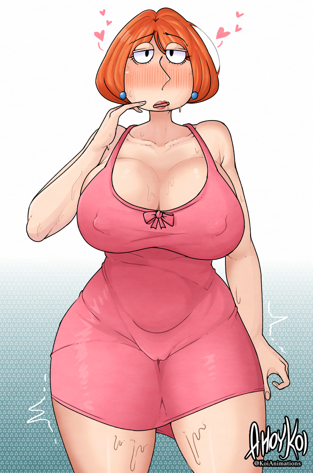 1girls ahoykoi before_sex blush earrings family_guy female female_only koianimations lois_griffin looking_at_viewer night_gown nightgown nipple_bulge pink_dress sweat