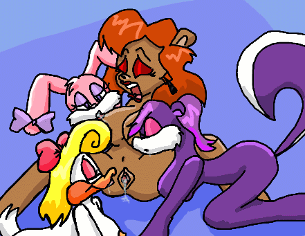 anthro babs_bunny bear female female_only fifi_la_fume fur furry julie_bruin loon mammal multiple_females rabbit sanguisfluit shirley_the_loon skunk soft_feathers tiny_toon_adventures uncensored yuri