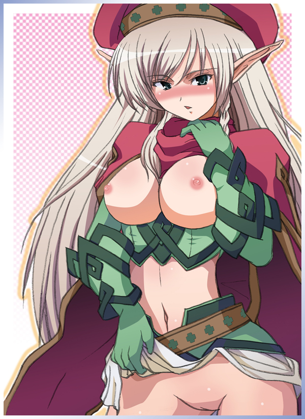 alleyne blonde_hair blue_eyes breasts female gloves long_hair looking_at_viewer navel nipples pointy_ears queen's_blade skirt_lift tagme