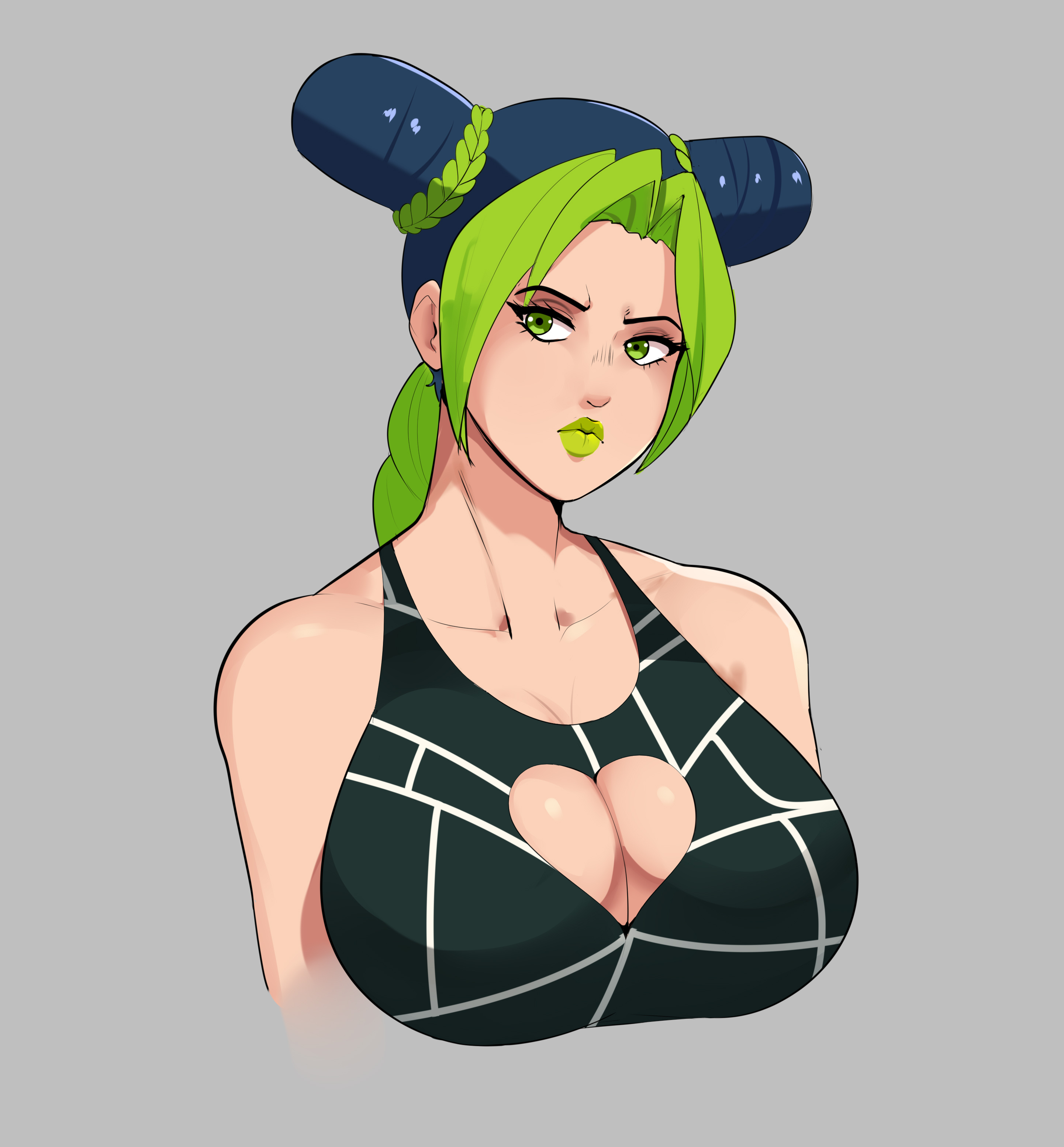 1girls, boob window, breasts, female, female only, fully clothed, g3mma, green hair, green lipstick, jojo's bizarre adventure, jolyne kujo, solo, stone ocean, tagme